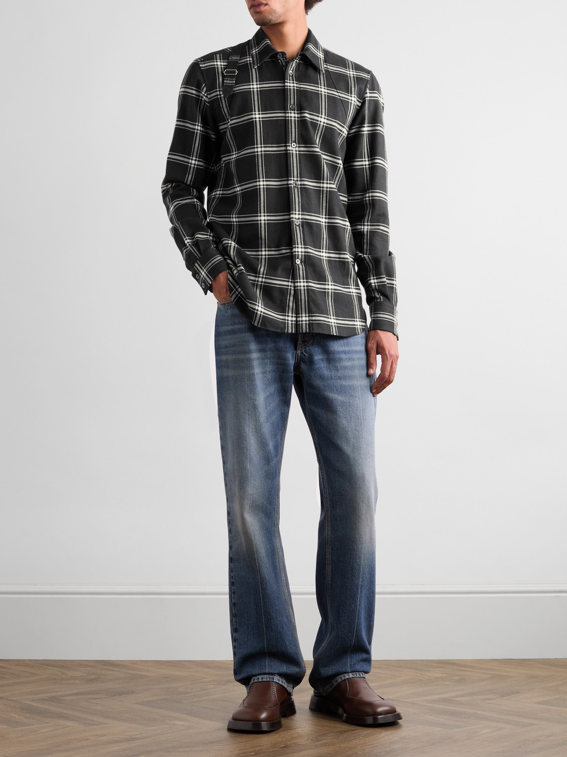 Shop Alexander Mcqueen Harness-detailed Checked Cotton-flannel Shirt In Black