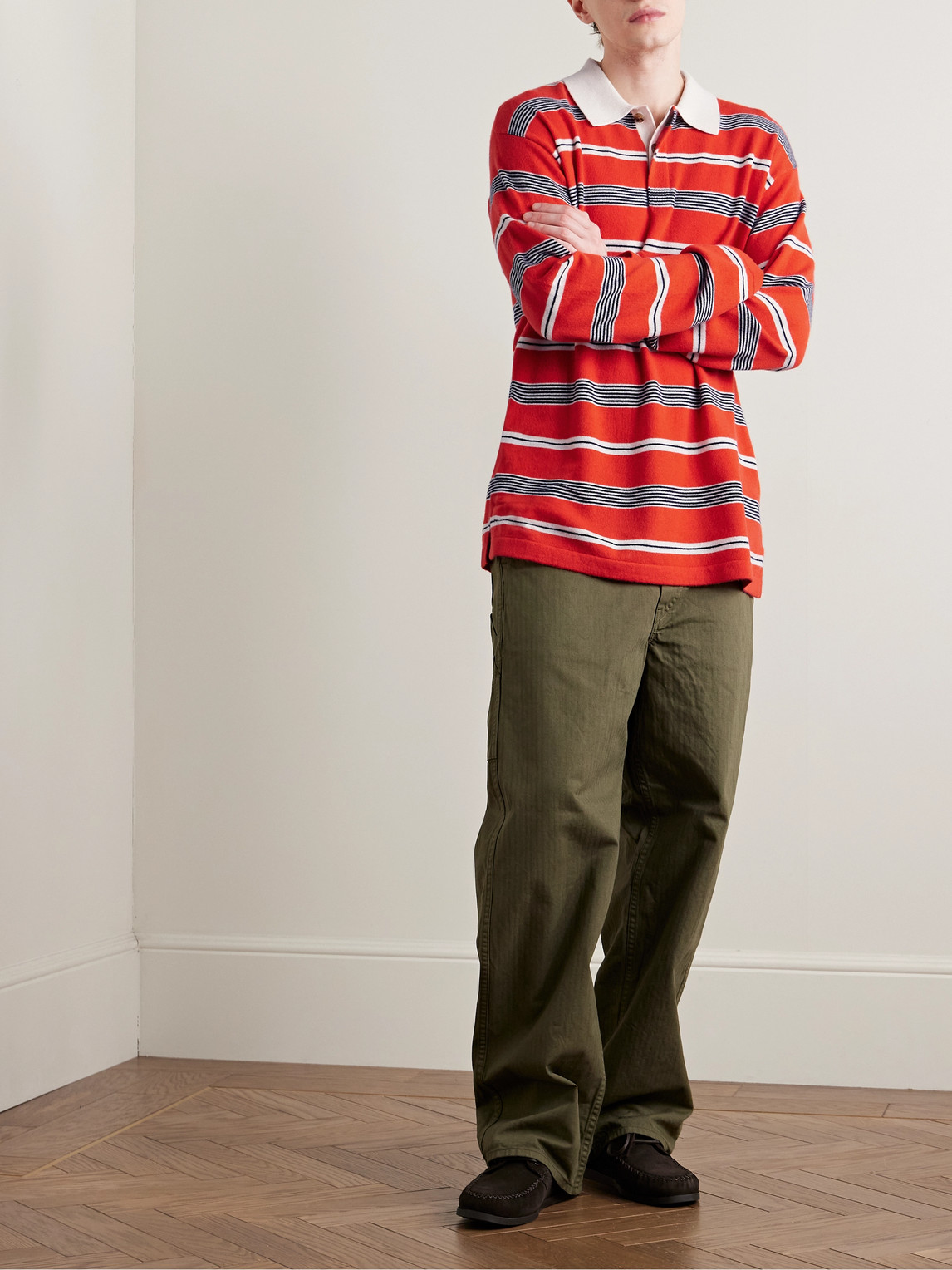Guest In Residence Striped Cashmere Polo Shirt In Red