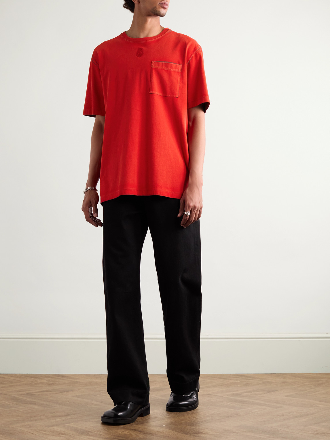 Shop Alexander Mcqueen Logo-embroidered Two-tone Cotton-jersey T-shirt In Red