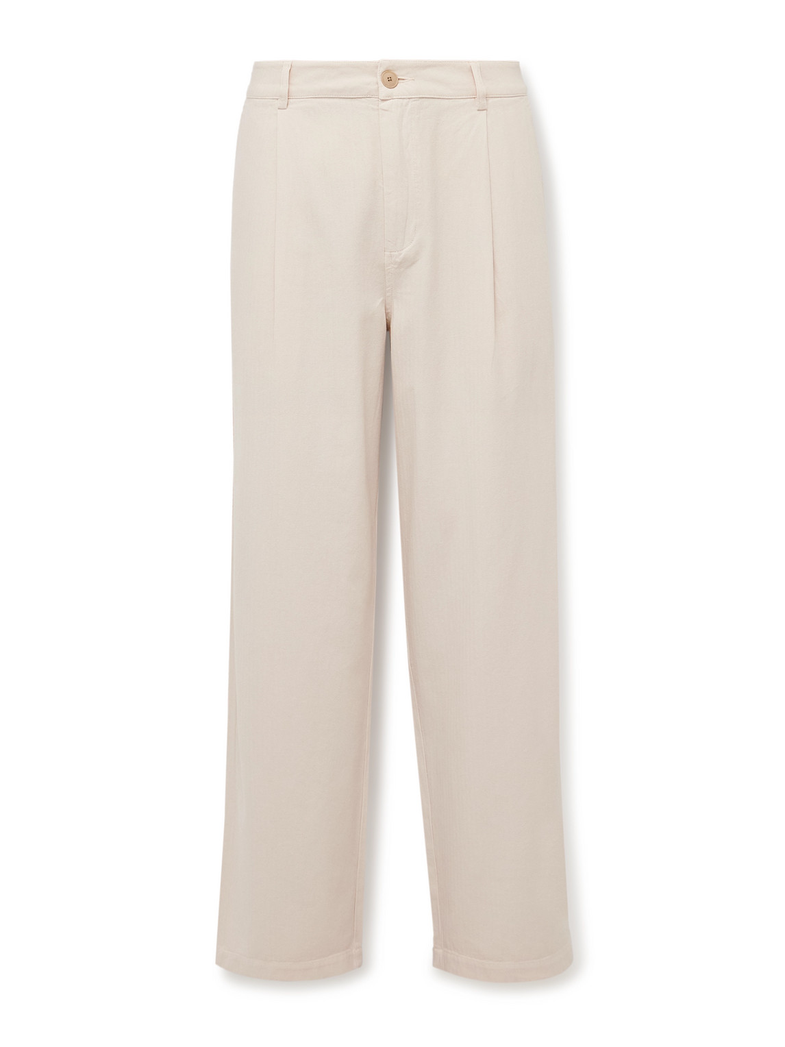 Wide-Leg Pleated Garment-Dyed Herringbone Cotton Trousers