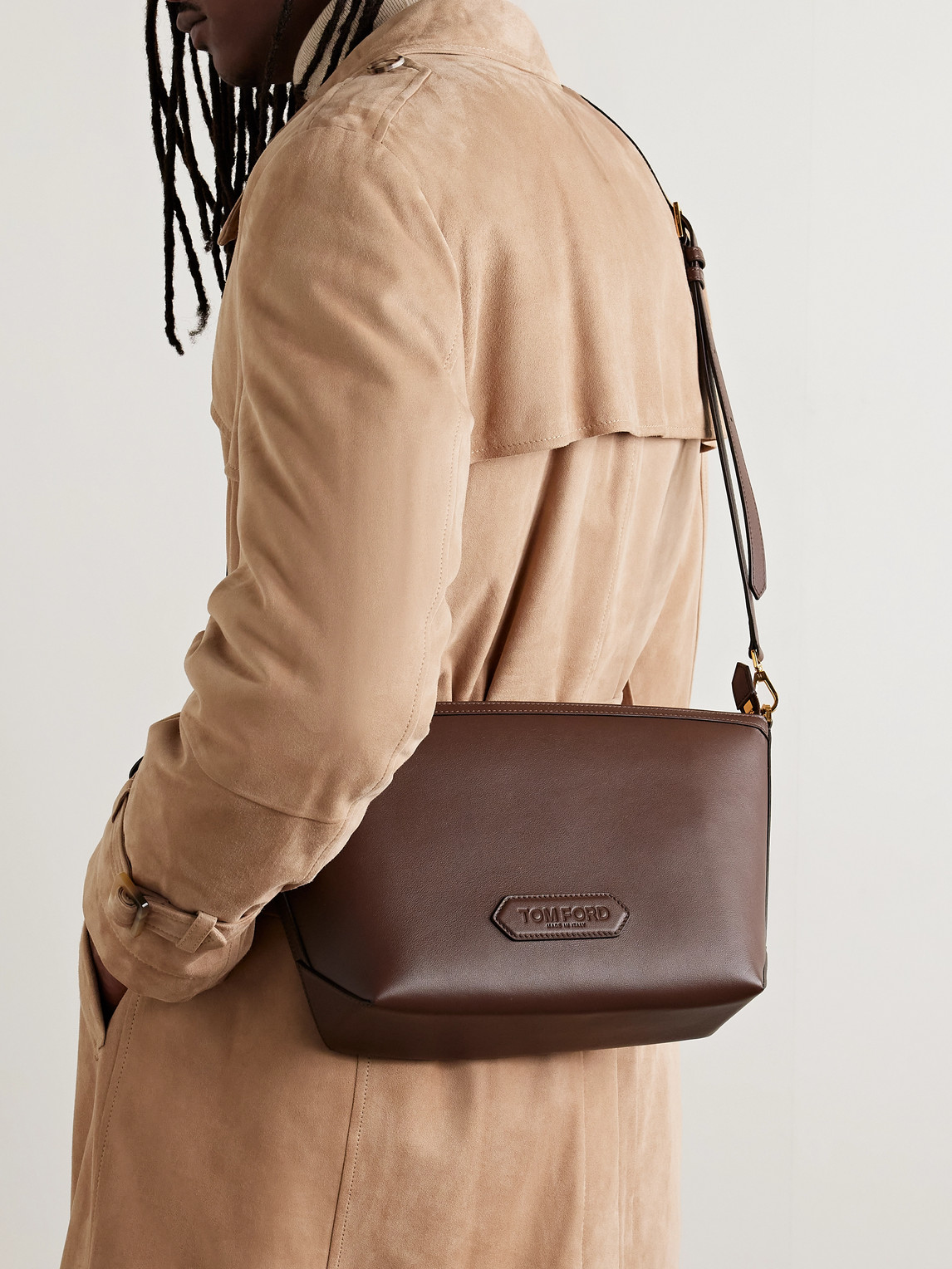 Tom Ford Logo-debossed Leather Messenger Bag In Brown