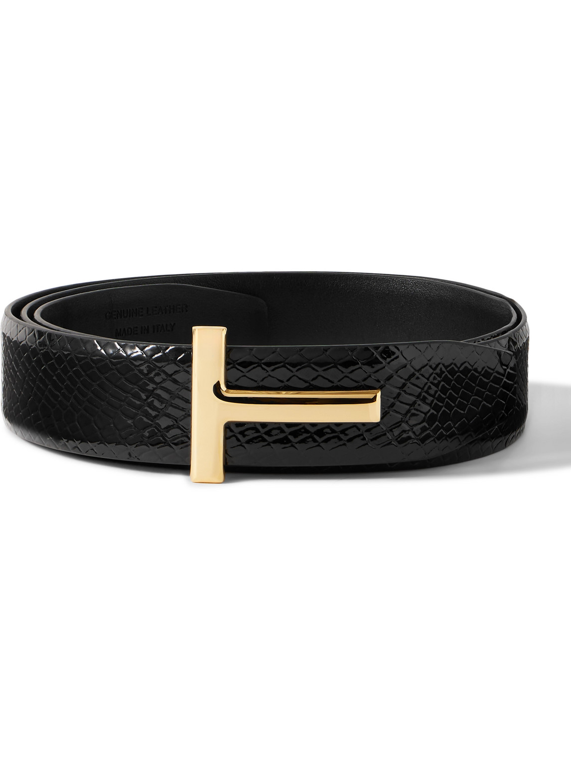 Tom Ford 3cm Reversible Snake-effect Patent-leather Belt In Black