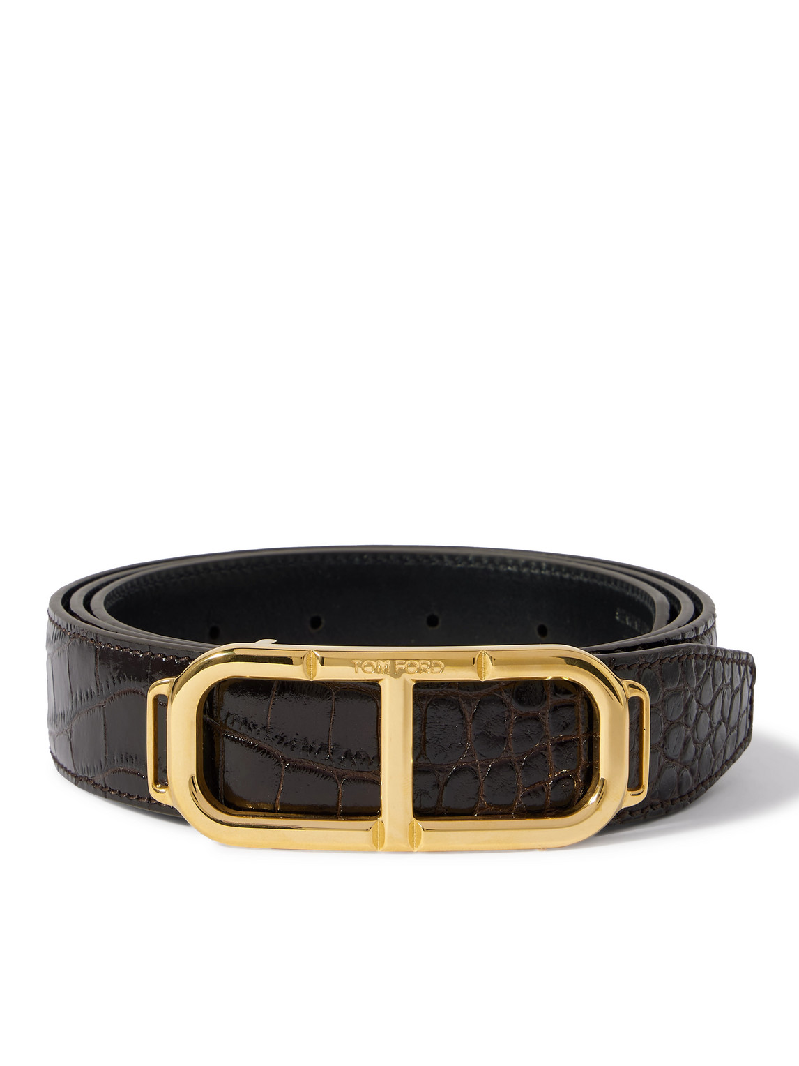 Tom Ford Leather Cross-embossed T Buckle Belt In Brown