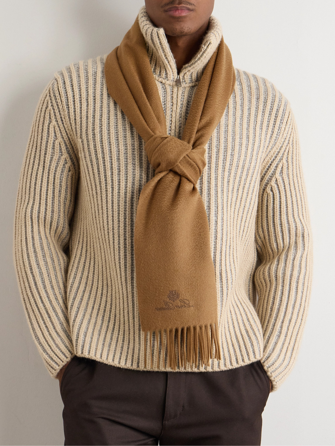 Loro Piana Logo-embroidered Fringed Cashmere Scarf In Brown