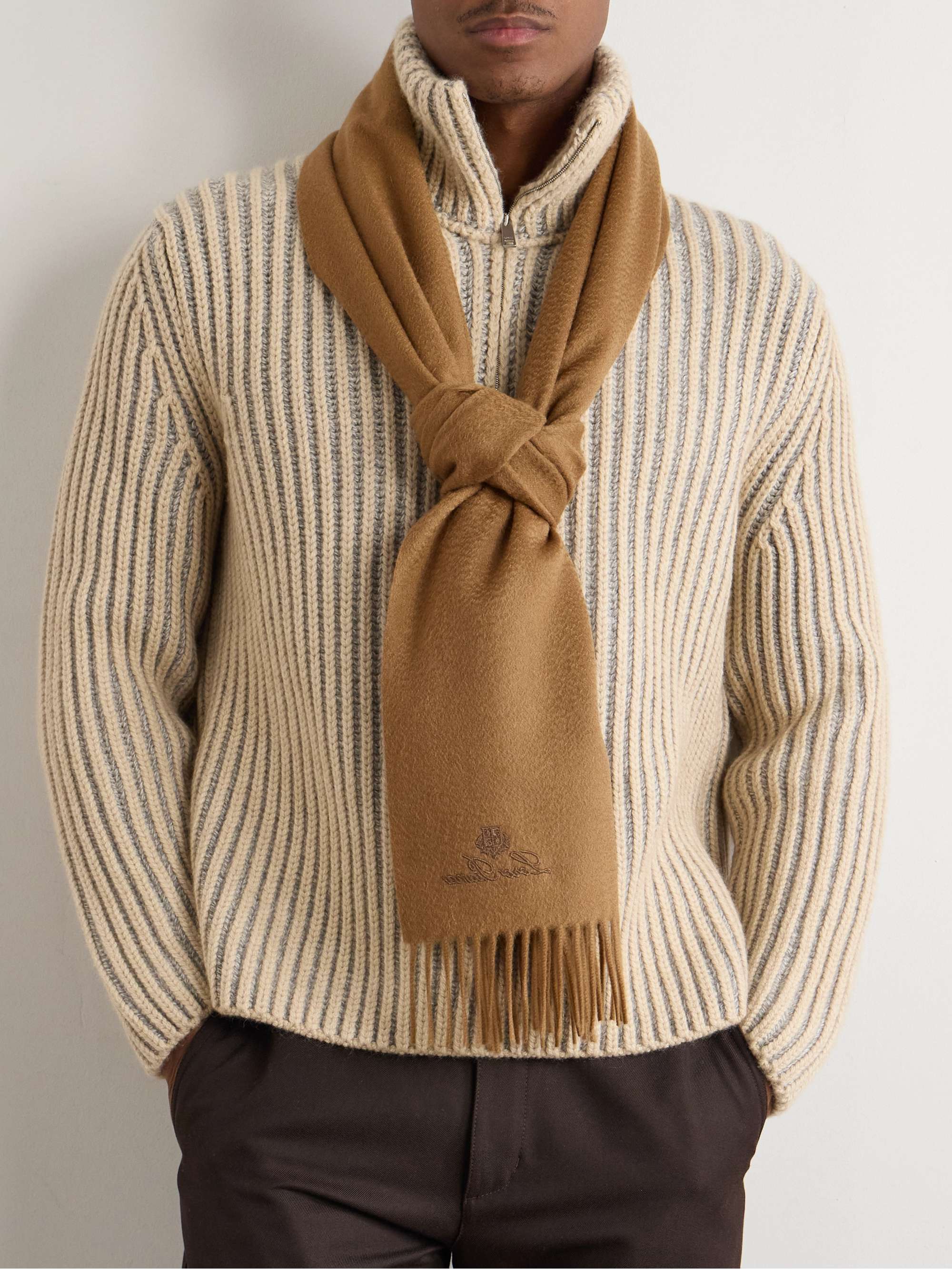 Logo Embroidered Fringed Cashmere Scarf