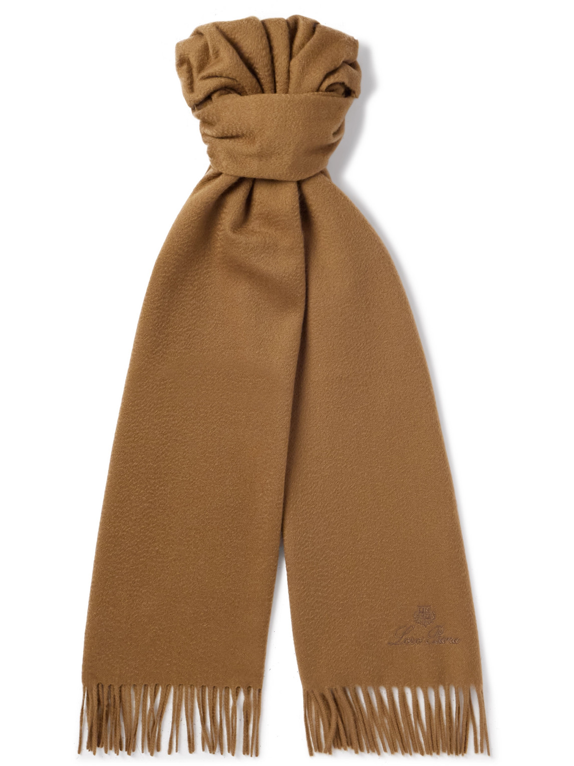 Loro Piana Logo-embroidered Fringed Cashmere Scarf In Brown