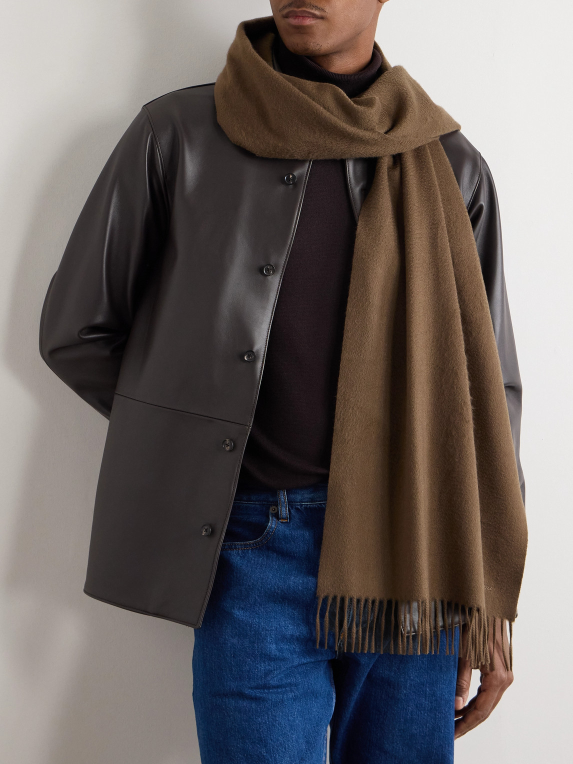 Loro Piana Logo-embroidered Fringed Cashmere Scarf In Brown