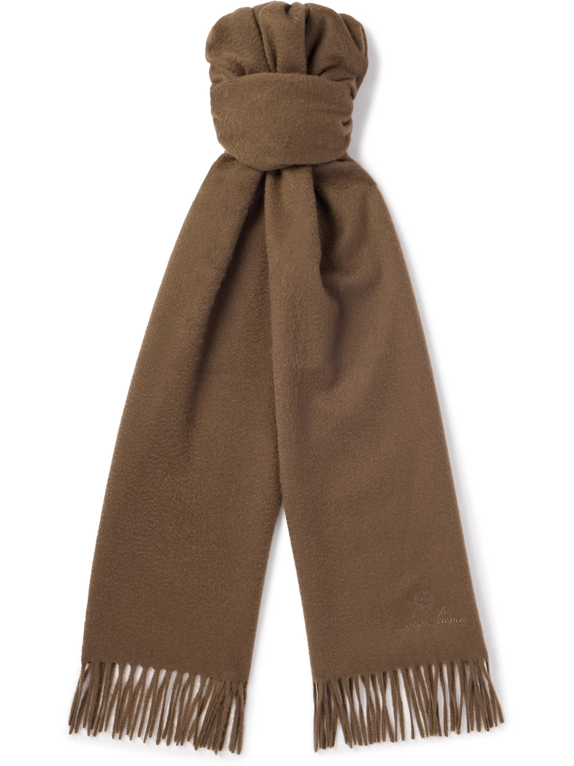 Loro Piana Logo-embroidered Fringed Cashmere Scarf In Brown
