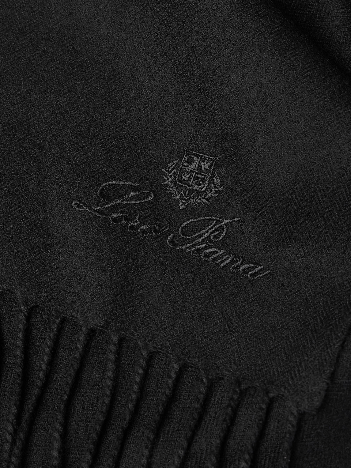Loro Piana Logo-embroidered Fringed Herringbone Cashmere Scarf In Black