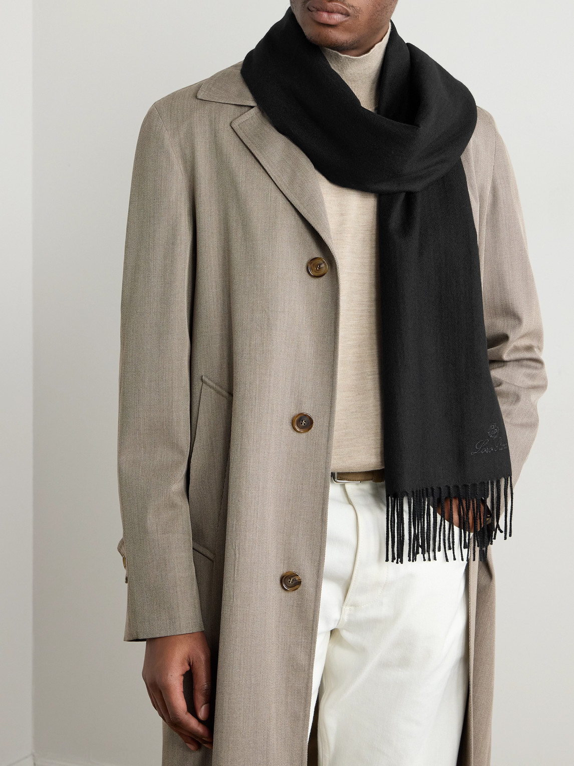 Loro Piana Logo-embroidered Fringed Herringbone Cashmere Scarf In Black
