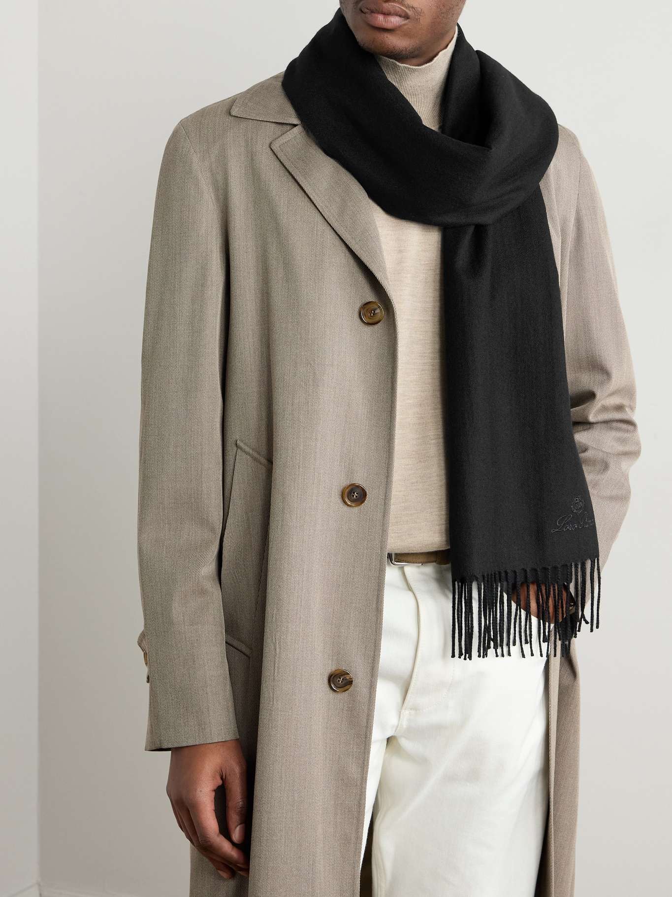CELINE cashmere Logo embroidery fringe Scarf Stall black