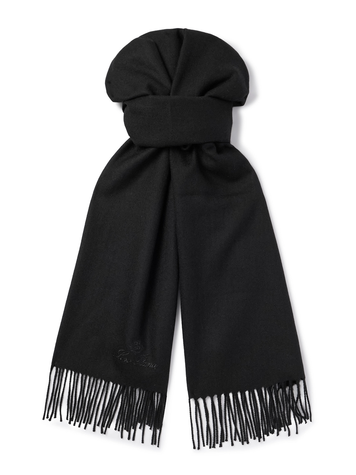 Loro Piana Logo-embroidered Fringed Herringbone Cashmere Scarf In Black
