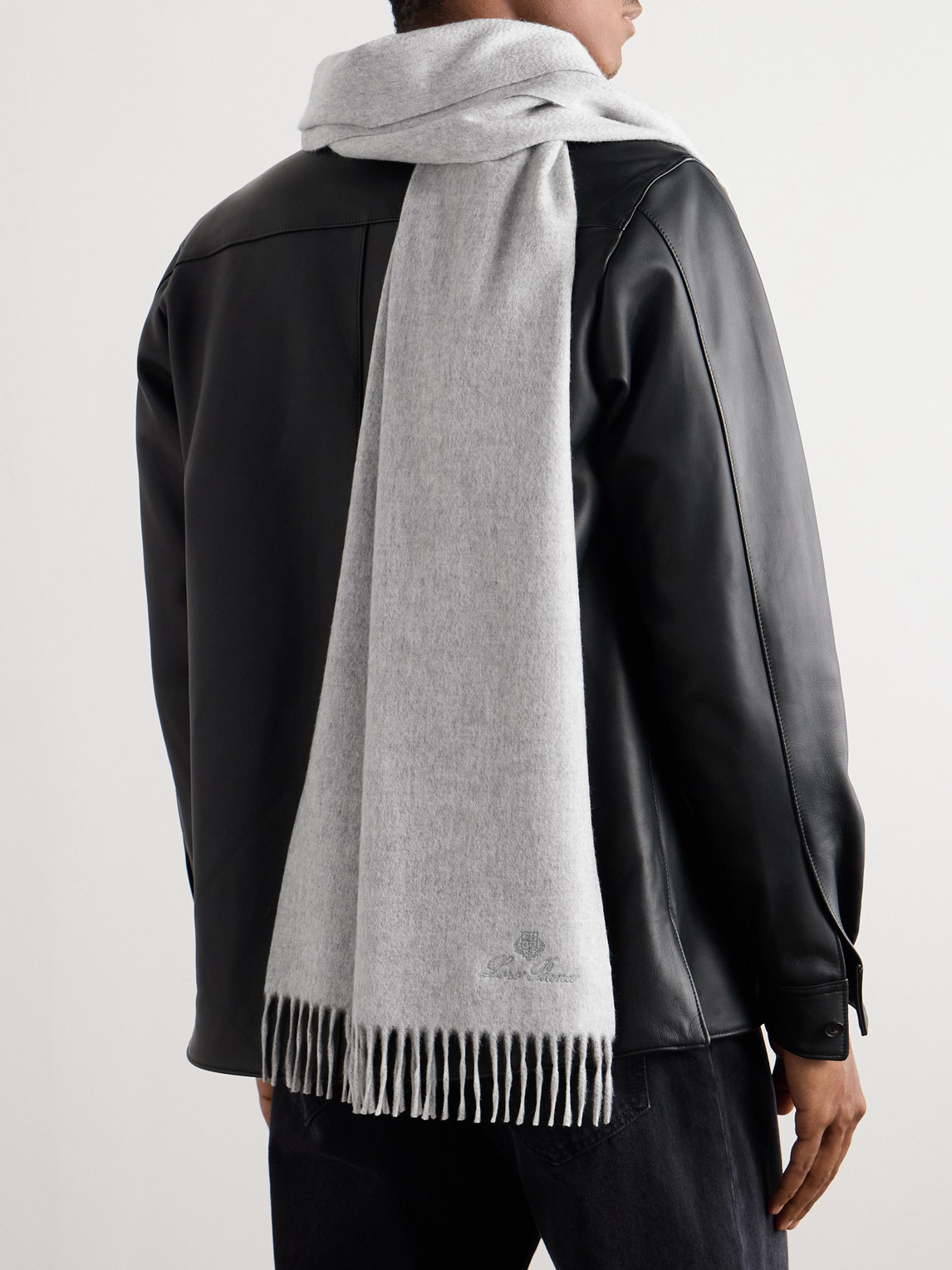 Loro Piana Logo-embroidered Fringed Cashmere Scarf In Silver