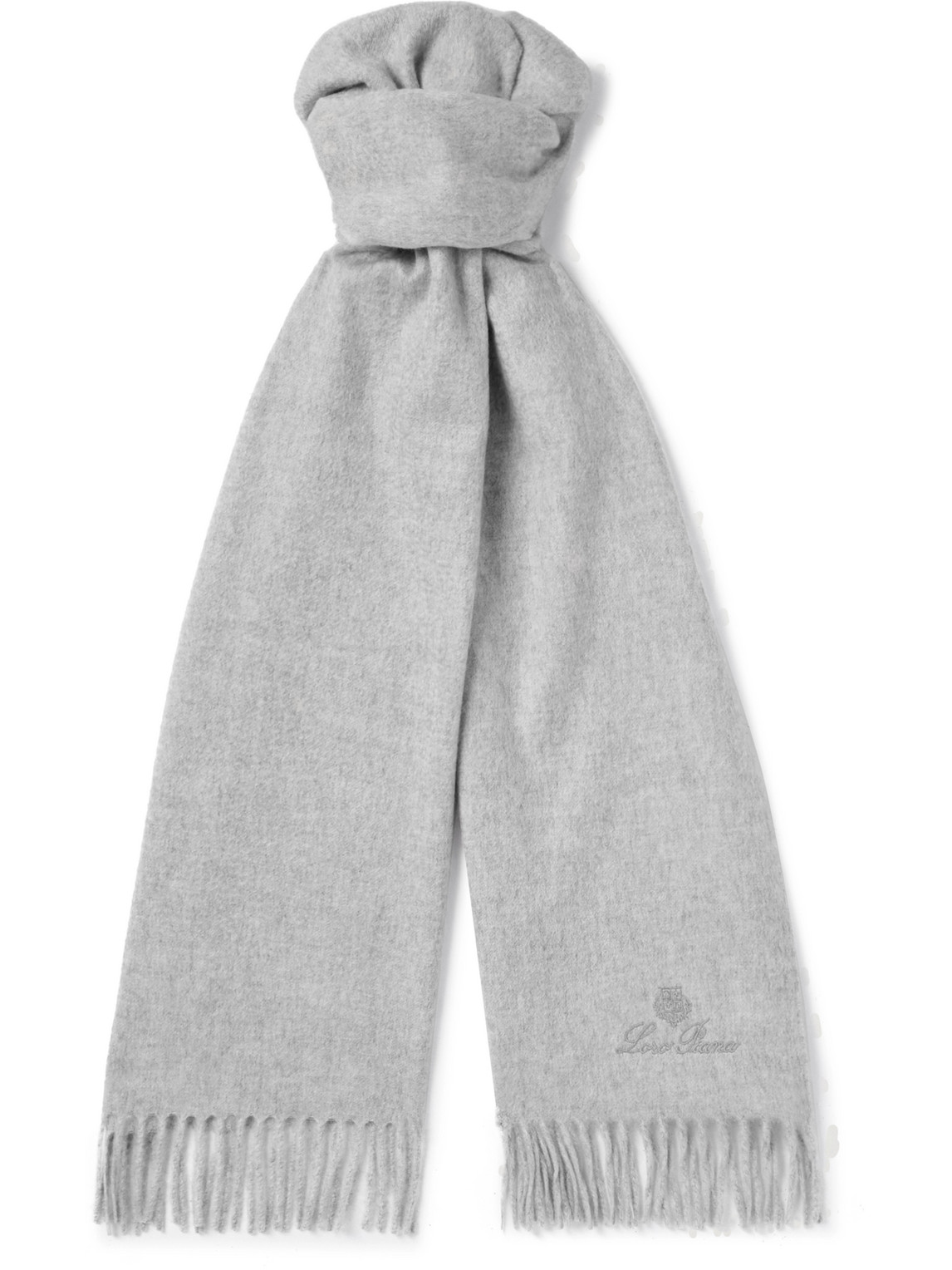 Loro Piana Logo-embroidered Fringed Cashmere Scarf In Silver