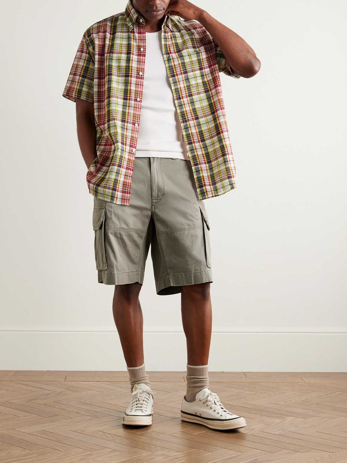Beams Button-down Collar Checked Cotton-madras Shirt In Green