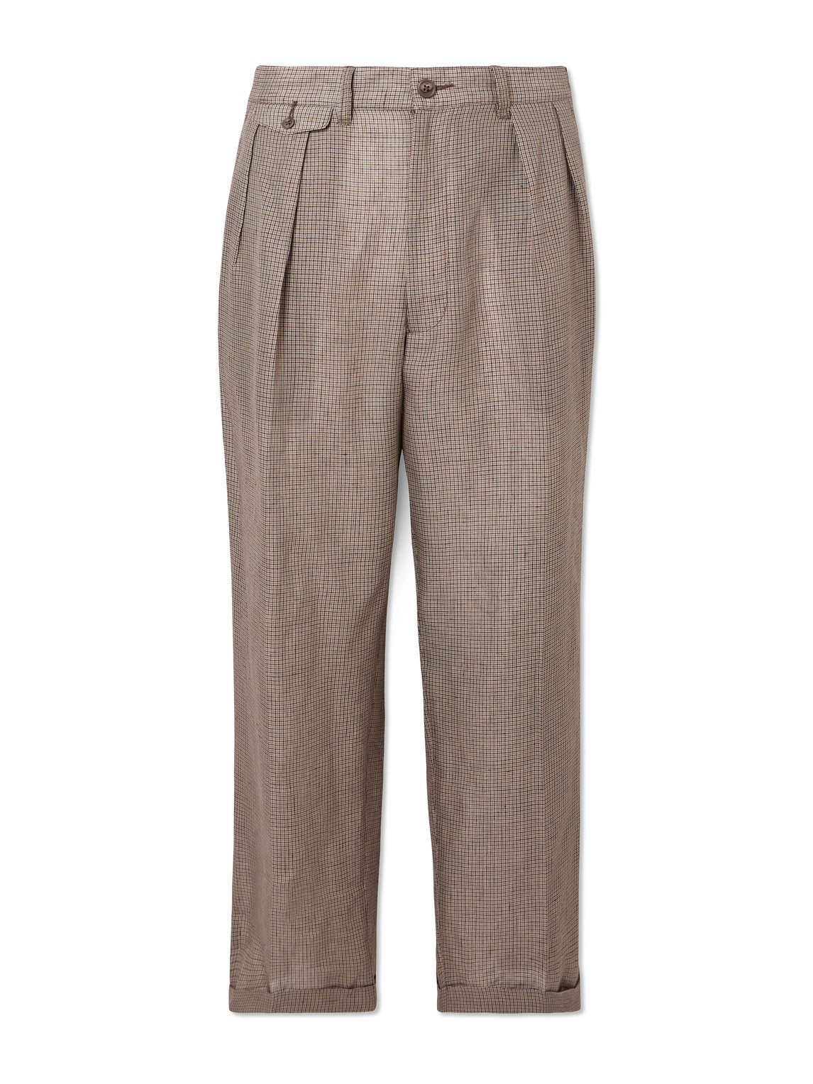 Beams Straight-leg Pleated Checked Linen And Cotton-blend Trousers In Brown