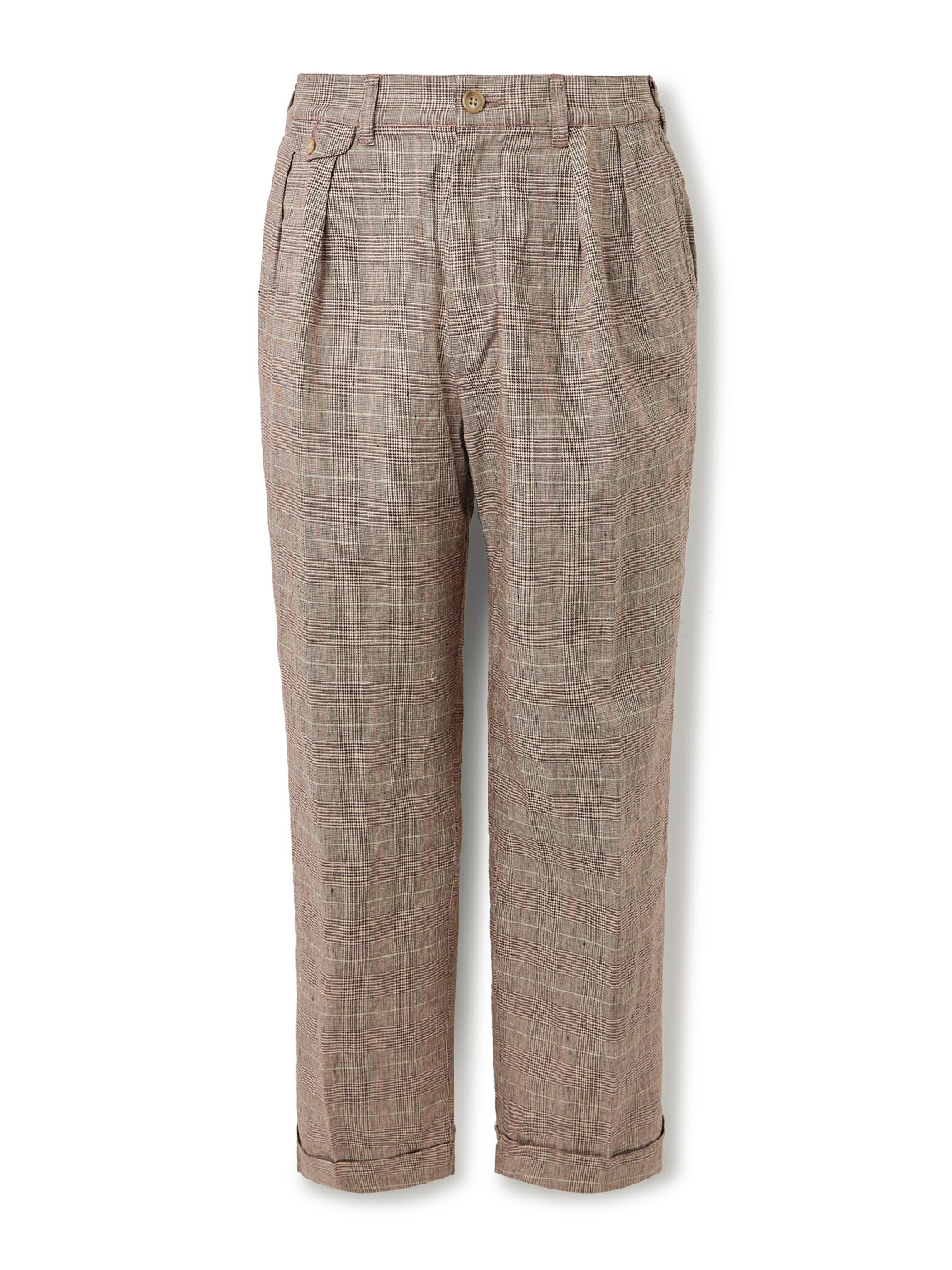 Beams Straight-leg Pleated Prince Of Wales Checked Linen Suit Trousers In Brown