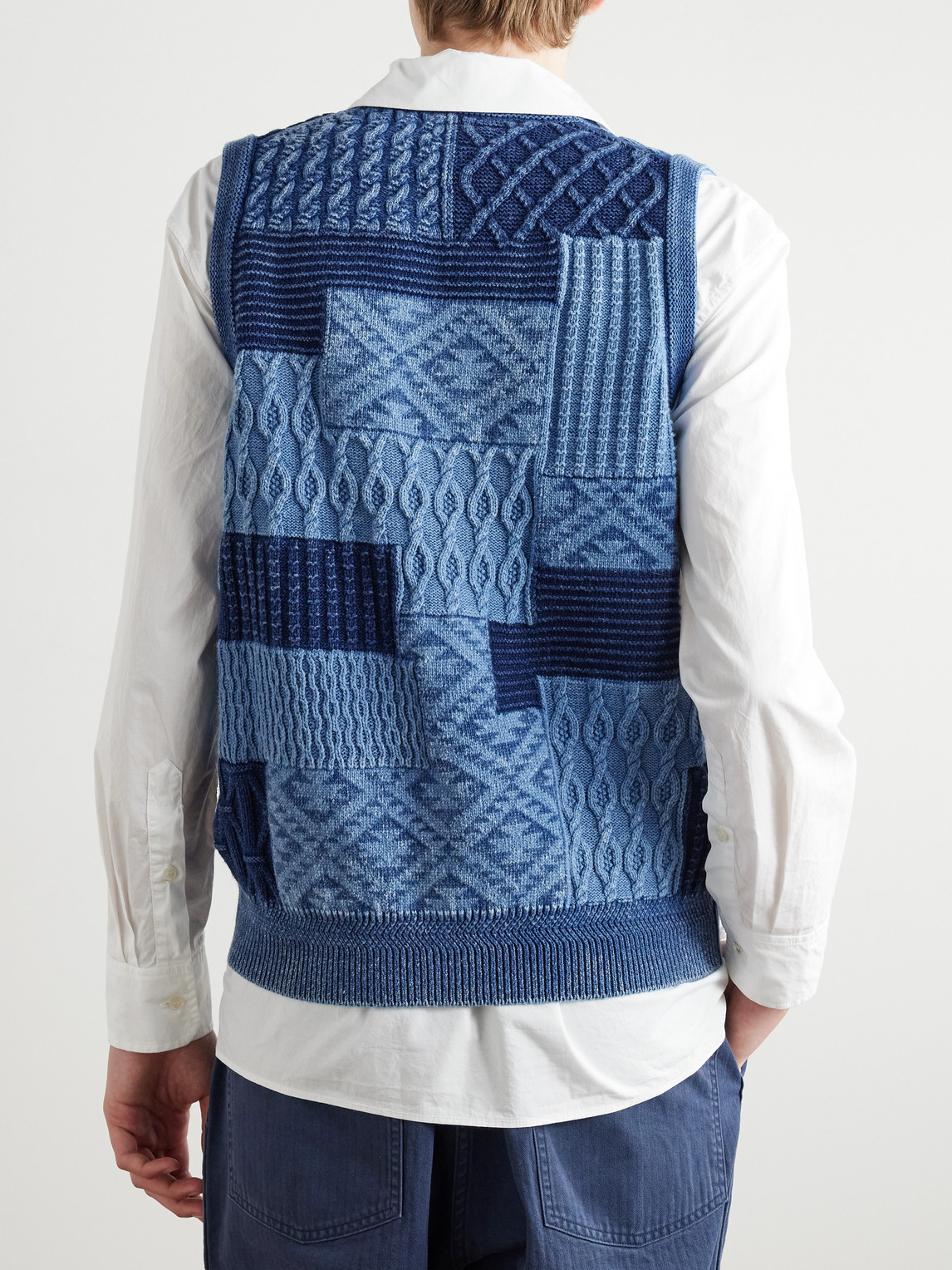 Shop Beams Patchwork Indigo-dyed Cotton Sweater Vest In Blue