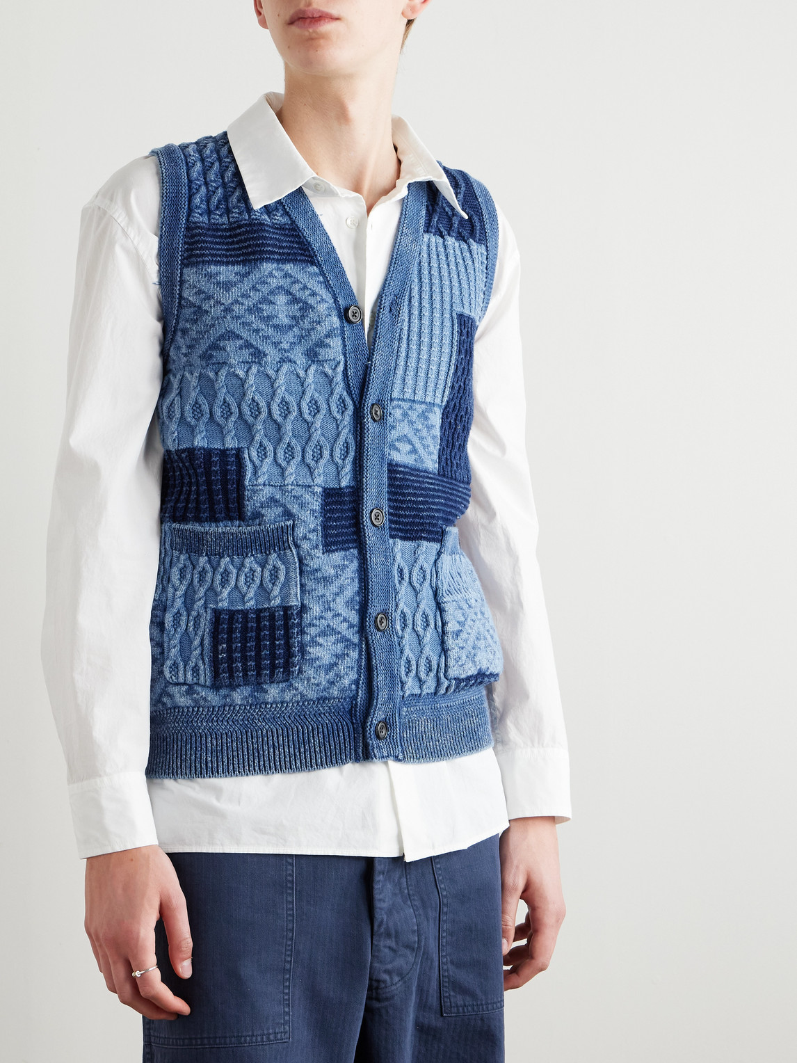 Shop Beams Patchwork Indigo-dyed Cotton Sweater Vest In Blue