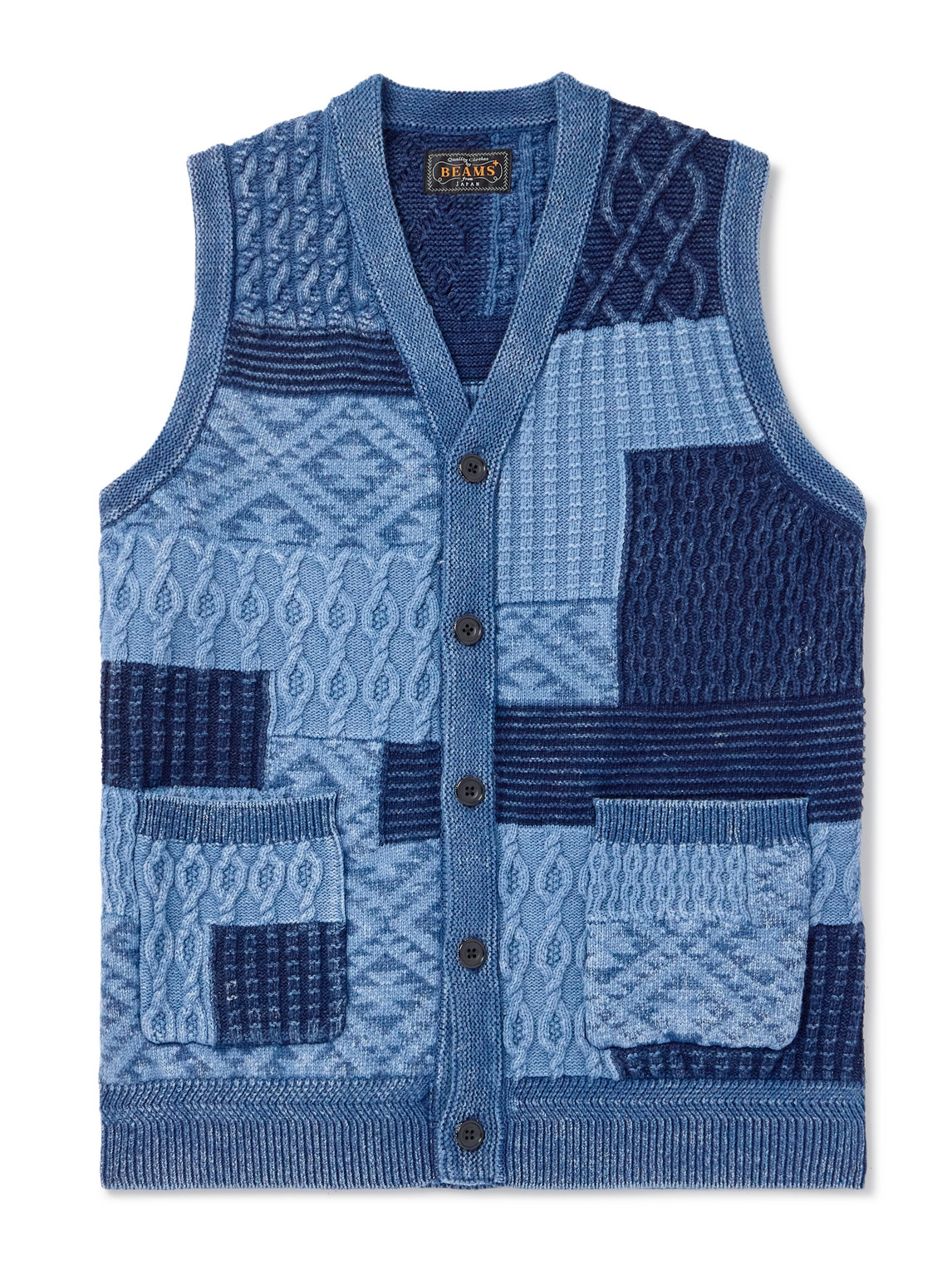 Beams Patchwork Indigo-dyed Cotton Sweater Vest In Blue