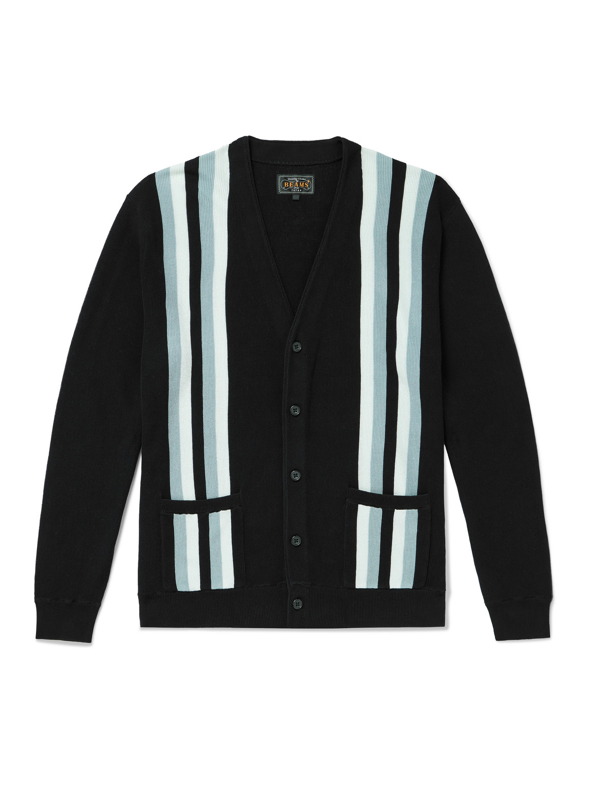Beams Striped Cotton Cardigan In Black