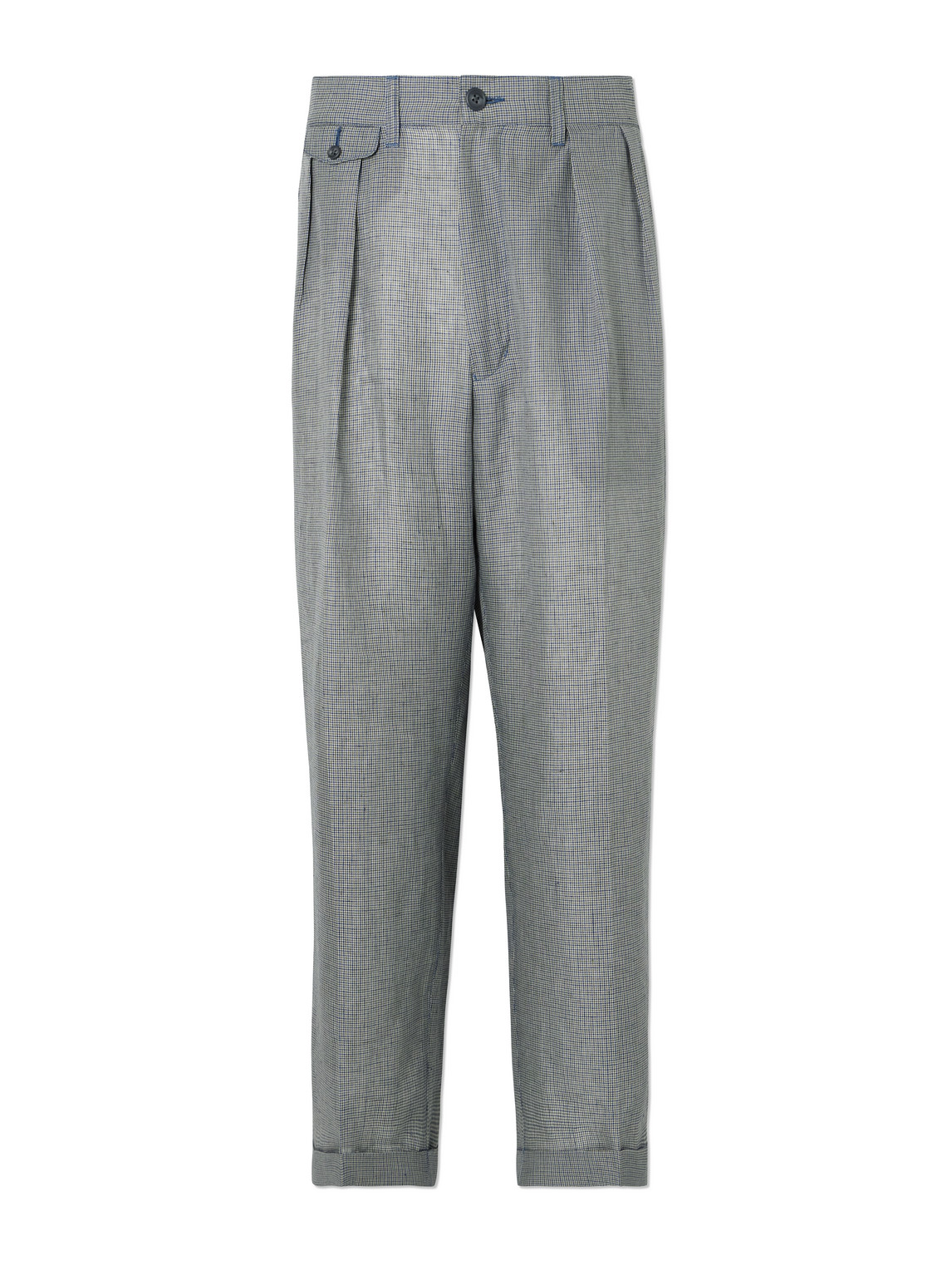 Beams Straight-leg Pleated Checked Linen And Cupro-blend Trousers In Grey