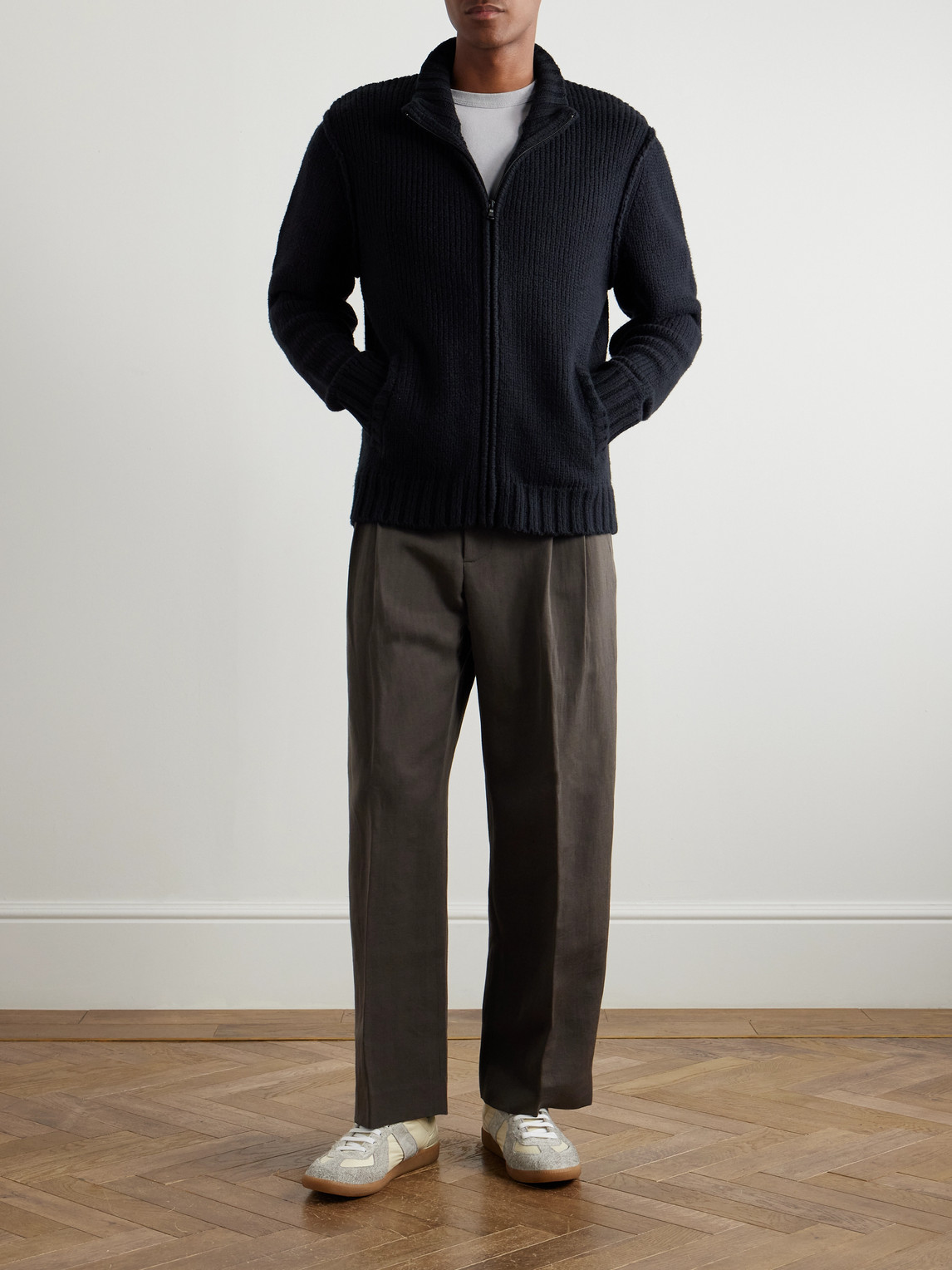JAMES PERSE RIBBED COTTON-BLEND ZIP-UP SWEATER 