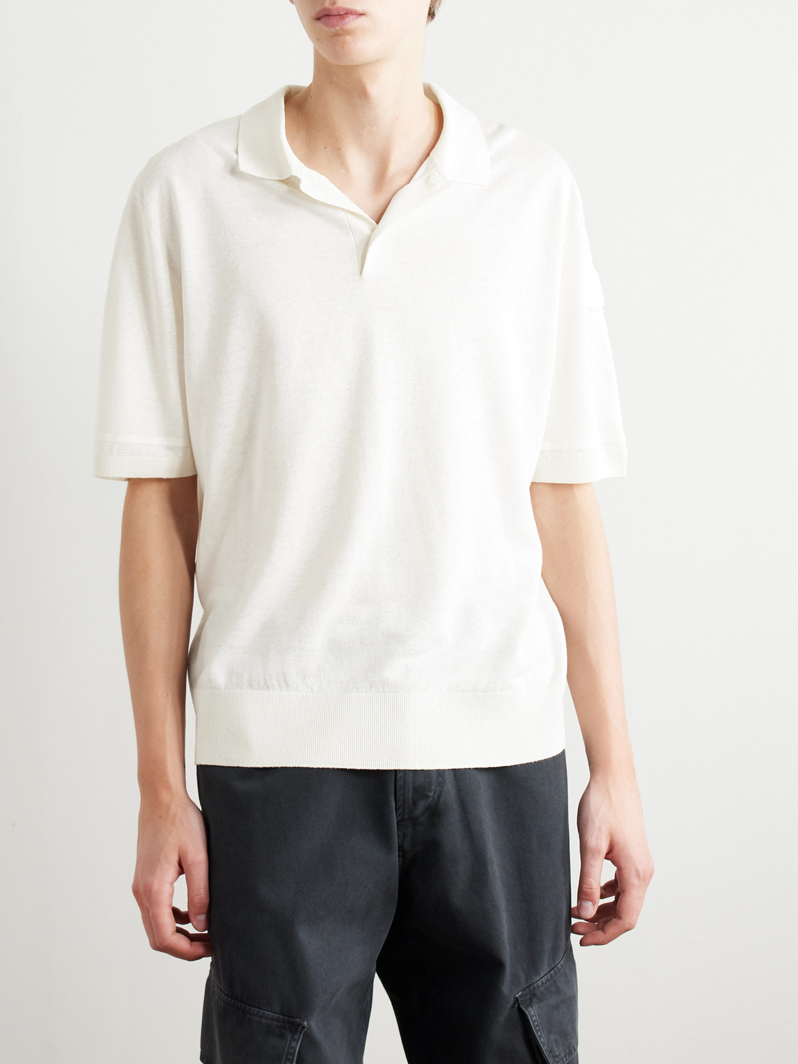 Moncler Logo-appliquéd Silk And Linen-blend Polo Shirt In White