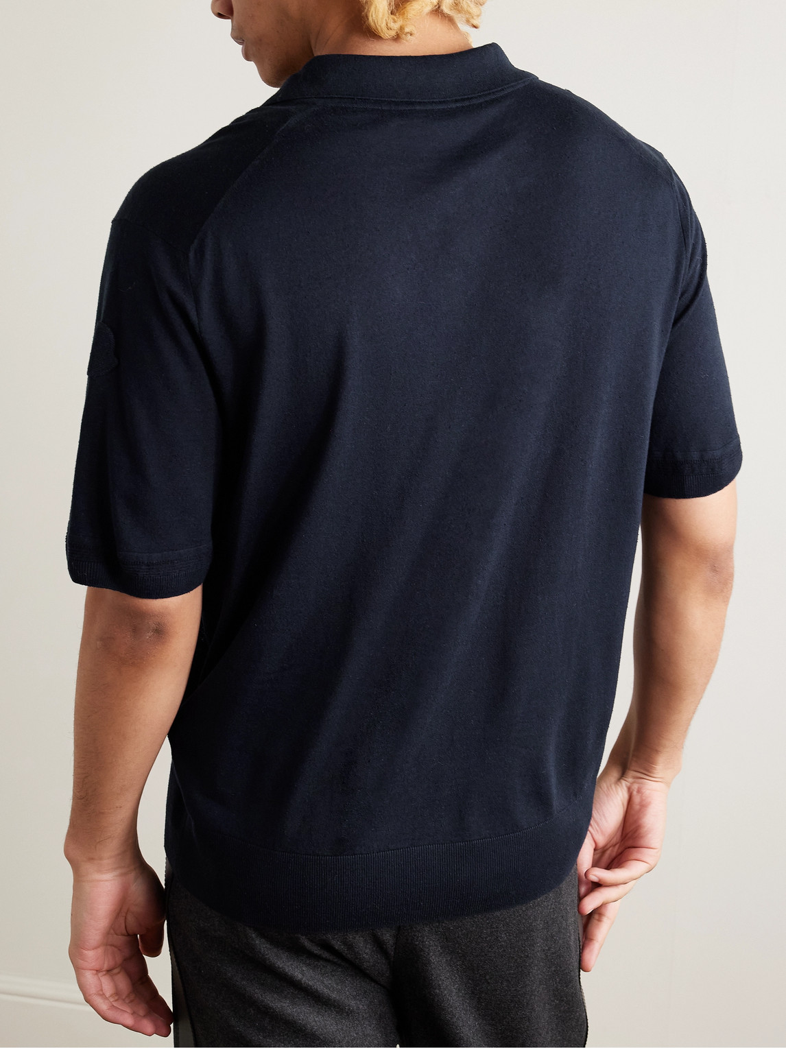 Moncler Logo-appliquéd Silk And Linen-blend Polo Shirt In Blue