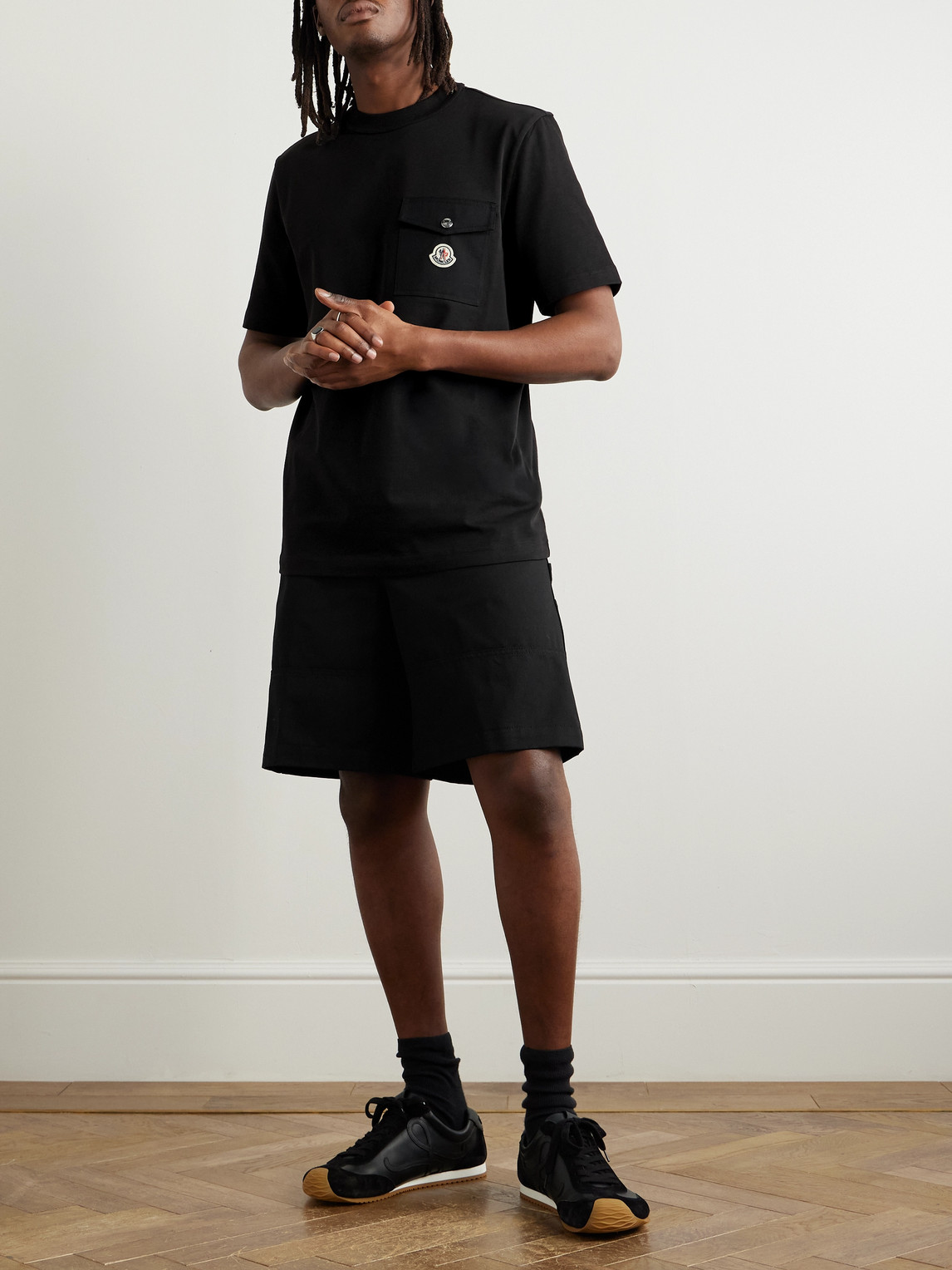 Moncler Wide-leg Logo-appliquéd Cotton-twill Shorts In Black