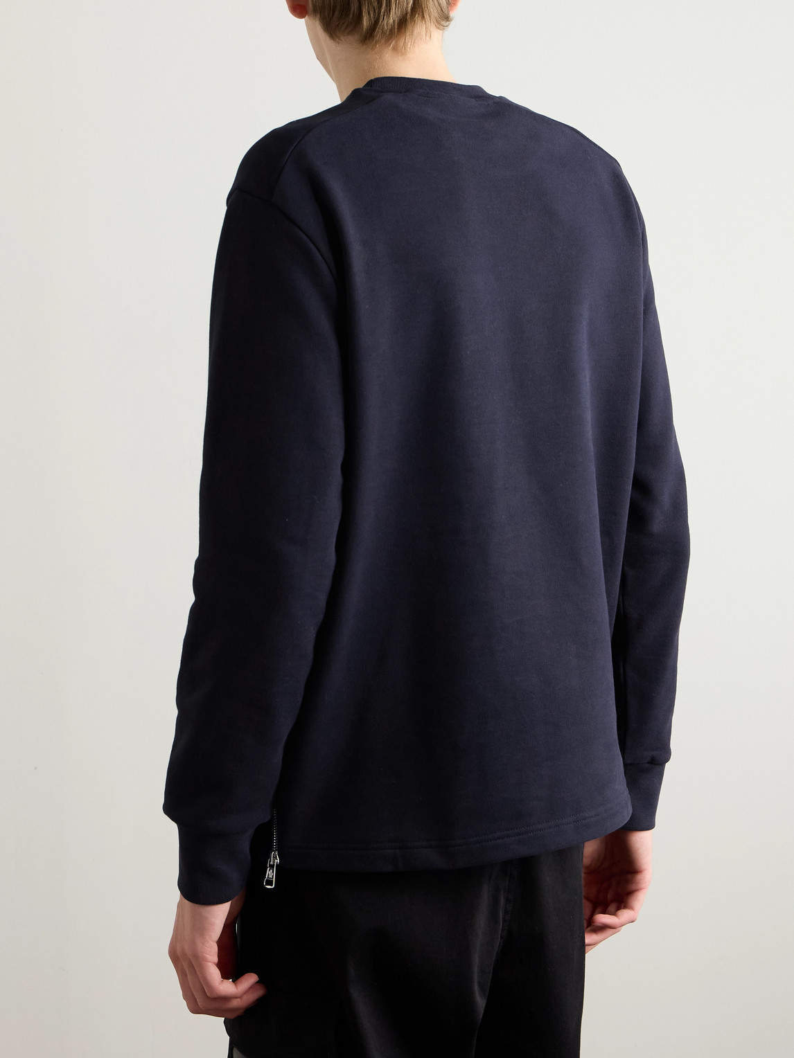 Moncler Zip-detailed Logo-appliquéd Twill-trimmed Cotton-jersey Sweatshirt In Blue
