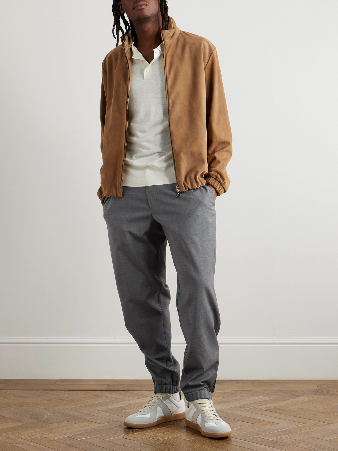 Moncler Tapered Logo-appliquéd Wool Trousers In Gray
