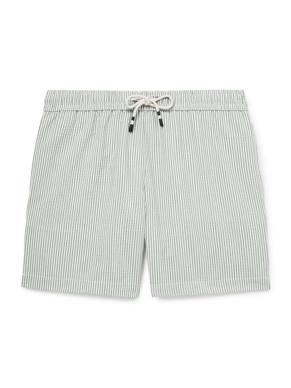 Hartford Straight-leg Mid-length Striped Seersucker Swim Shorts In Green