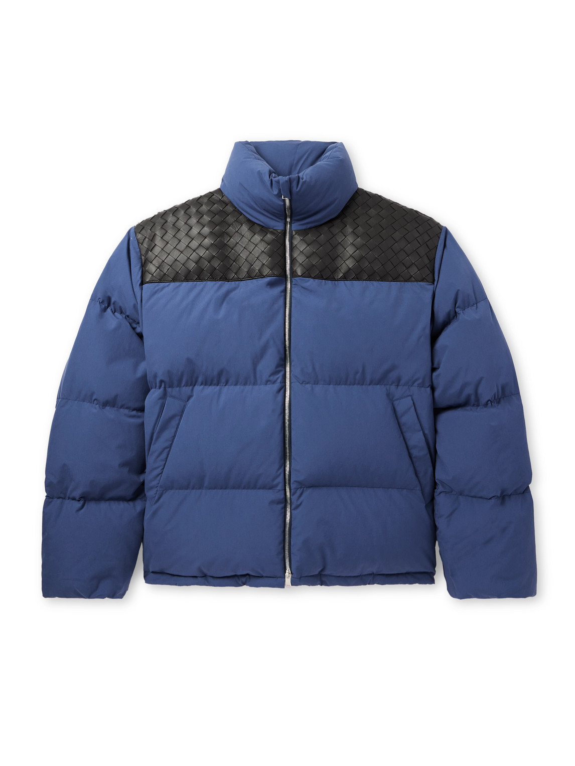 Bottega Veneta Intrecciato Leather-trimmed Quilted Cotton-poplin Down Jacket In Blue