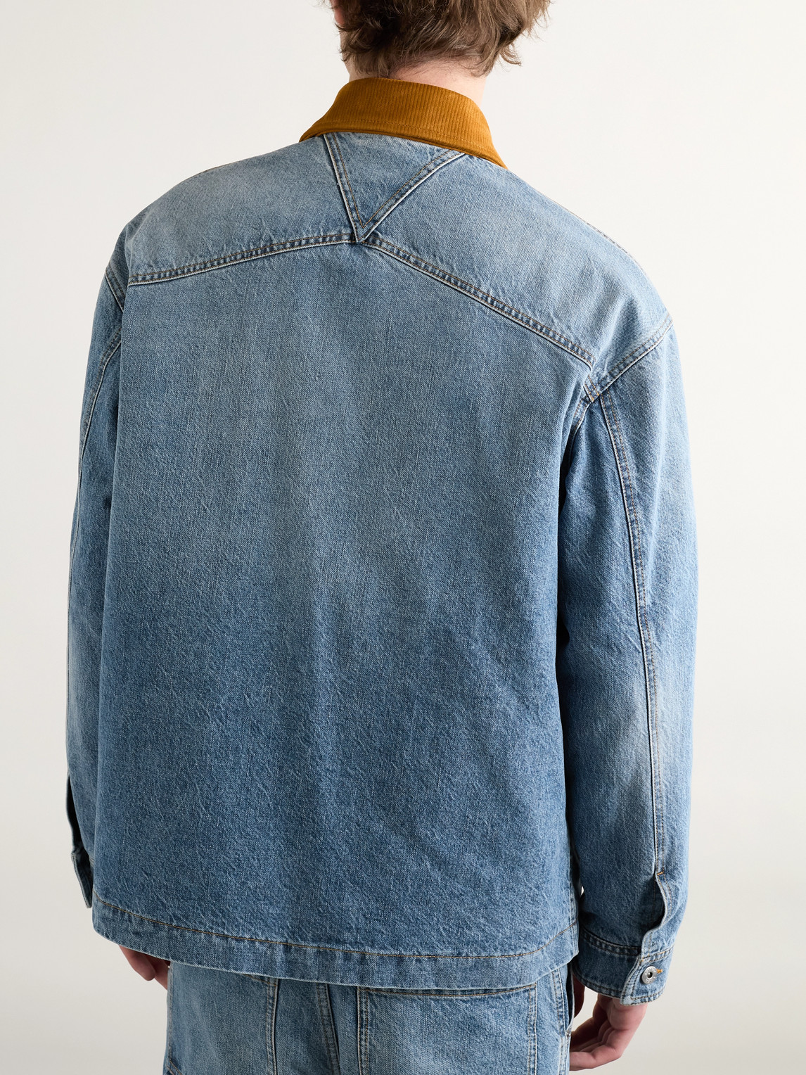 Shop Bottega Veneta Logo-appliquéd Suede-trimmed Denim Jacket In Blue