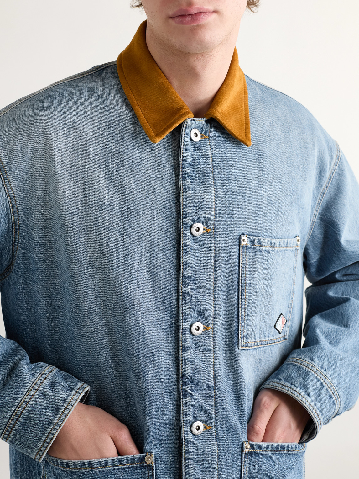 Shop Bottega Veneta Logo-appliquéd Suede-trimmed Denim Jacket In Blue