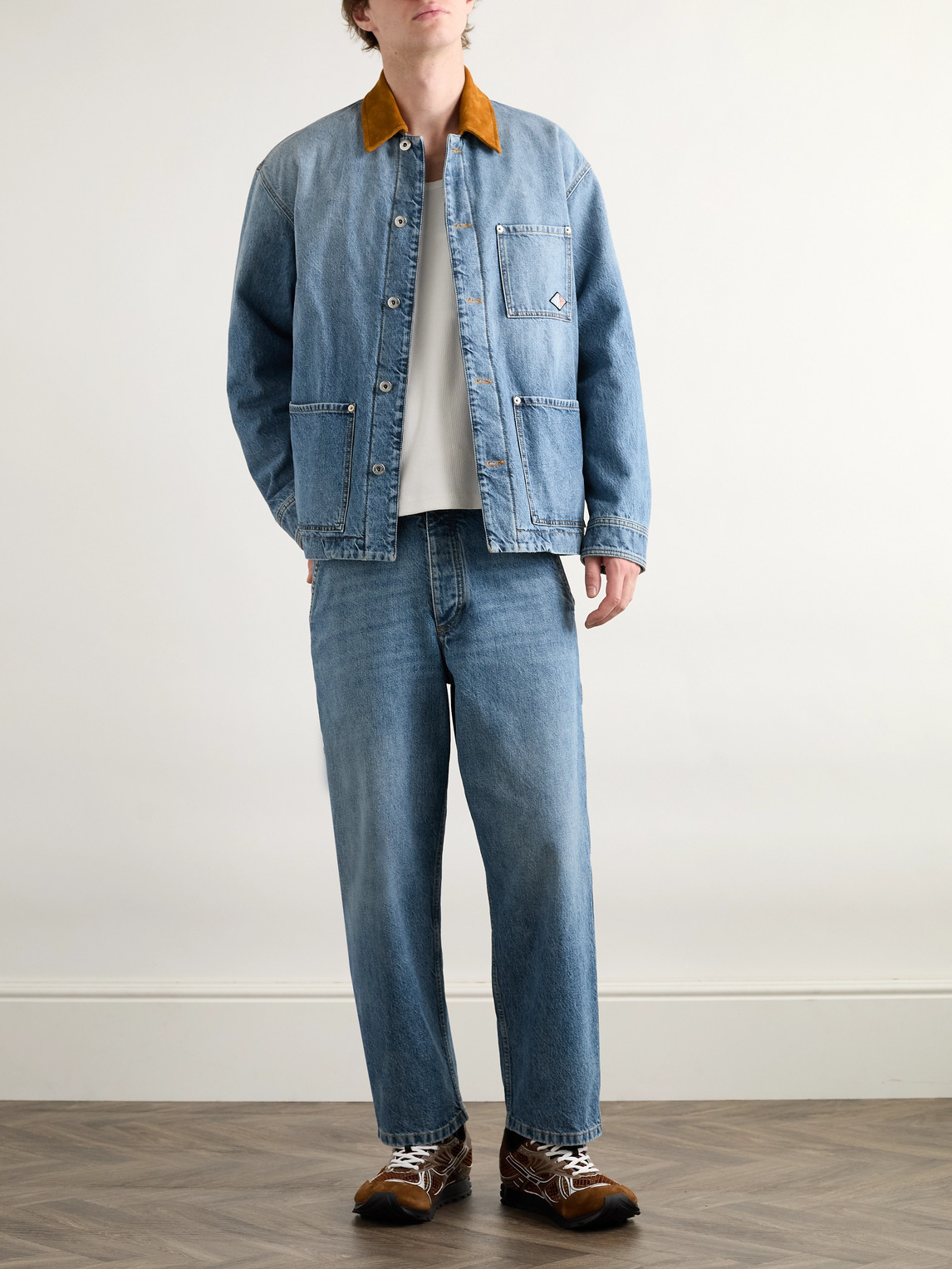 Shop Bottega Veneta Logo-appliquéd Suede-trimmed Denim Jacket In Blue