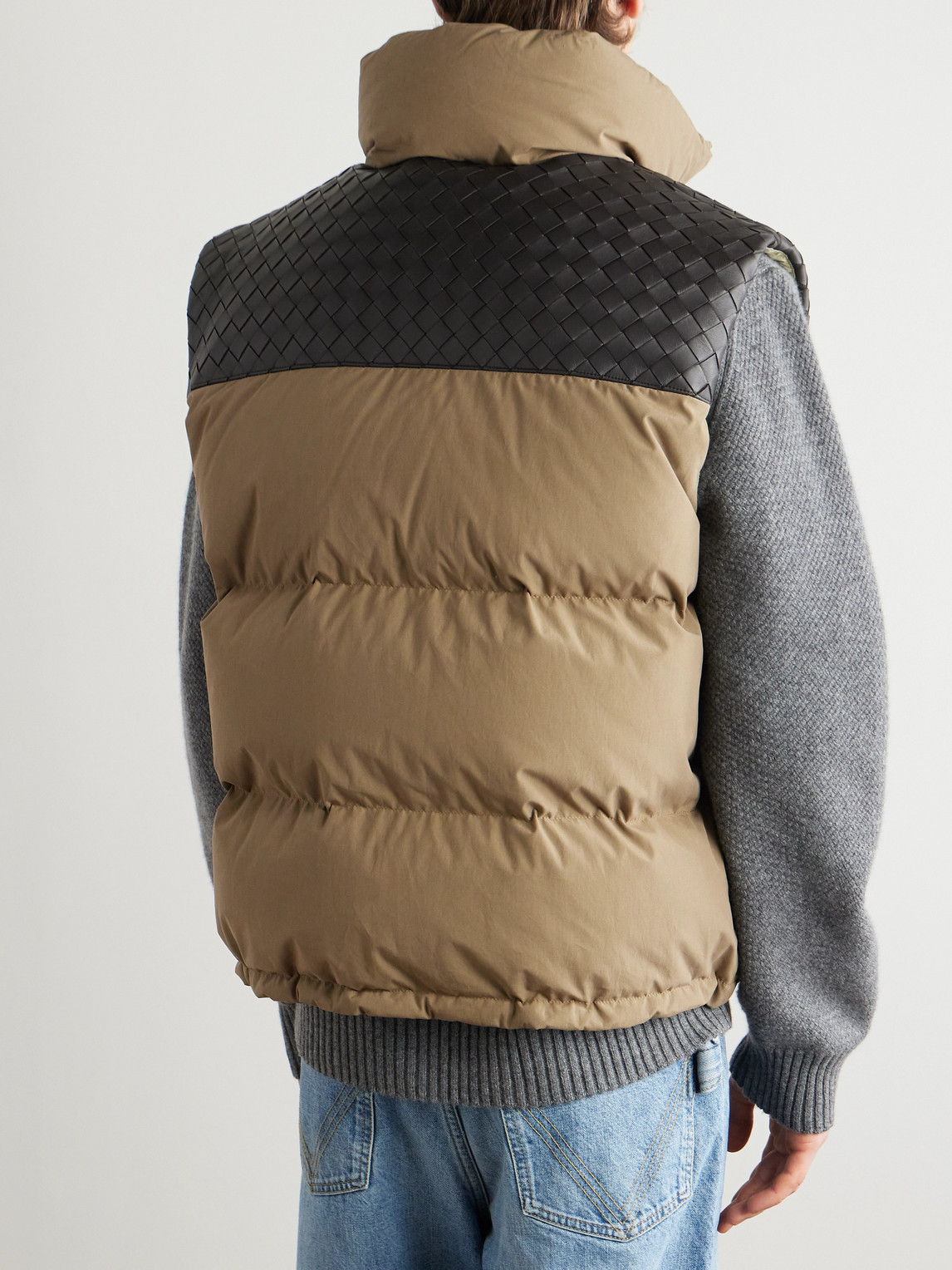 BOTTEGA VENETA INTRECCIATO LEATHER-PANELLED QUILTED COTTON DOWN GILET