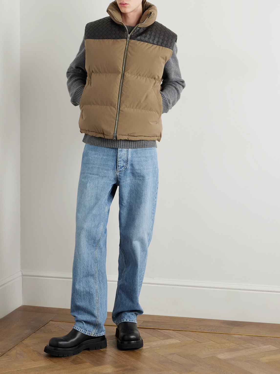 BOTTEGA VENETA INTRECCIATO LEATHER-PANELLED QUILTED COTTON DOWN GILET