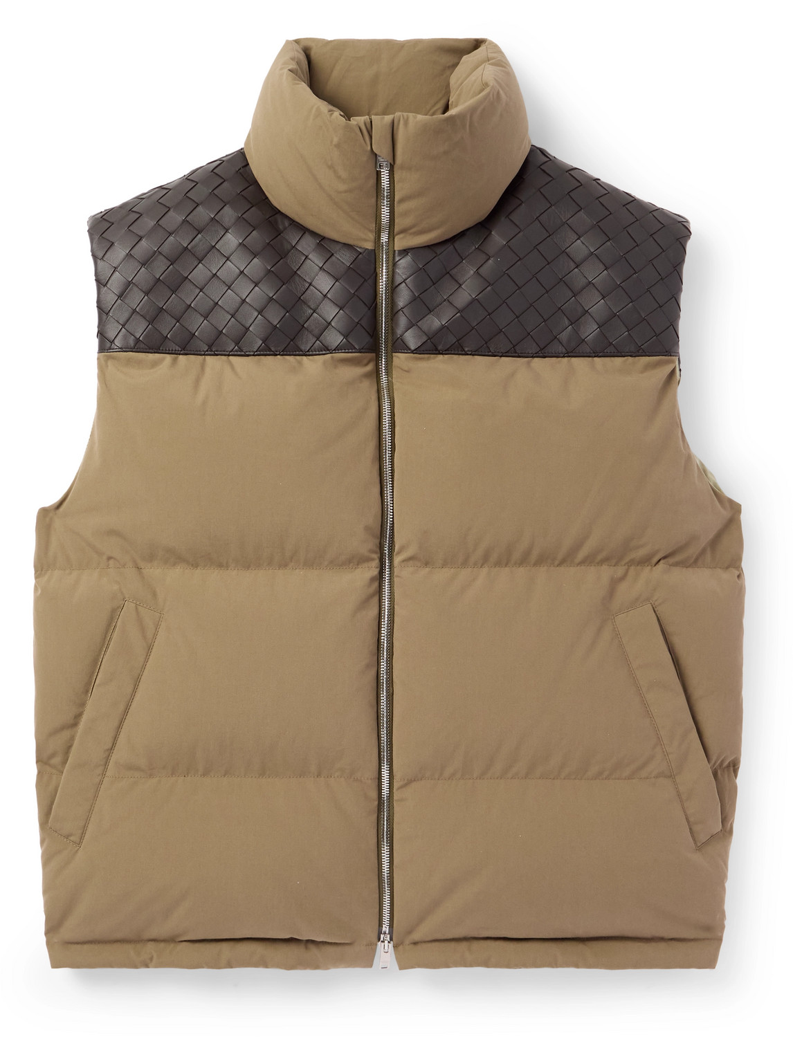 Bottega Veneta Intrecciato Leather-panelled Quilted Cotton Down Gilet In Brown