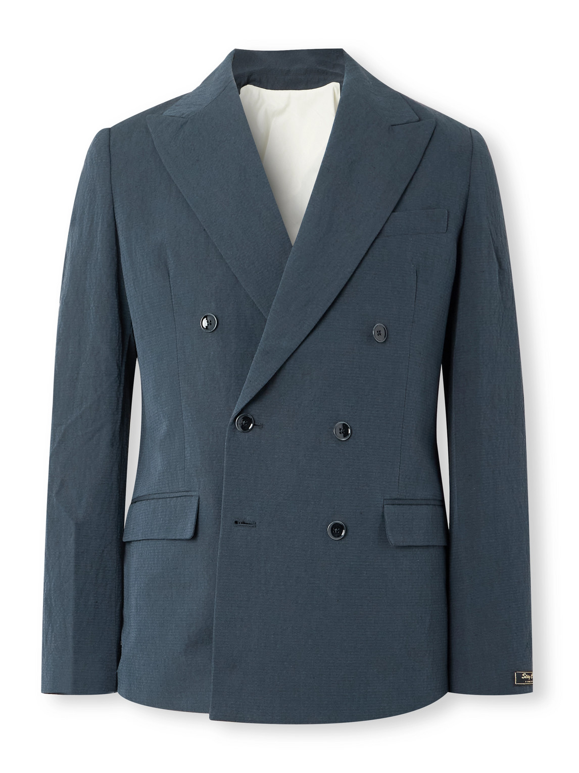 A Kind Of Guise Double-breasted Cotton And Linen-blend Seersucker Blazer In Blue