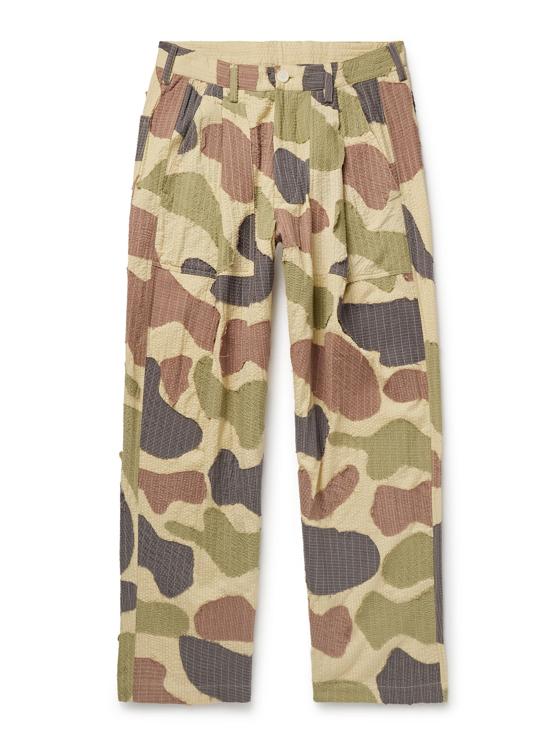 KARDO YUKI WIDE-LEG PLEATED APPLIQUÉD STRIPED COTTON-SEERSUCKER TROUSERS