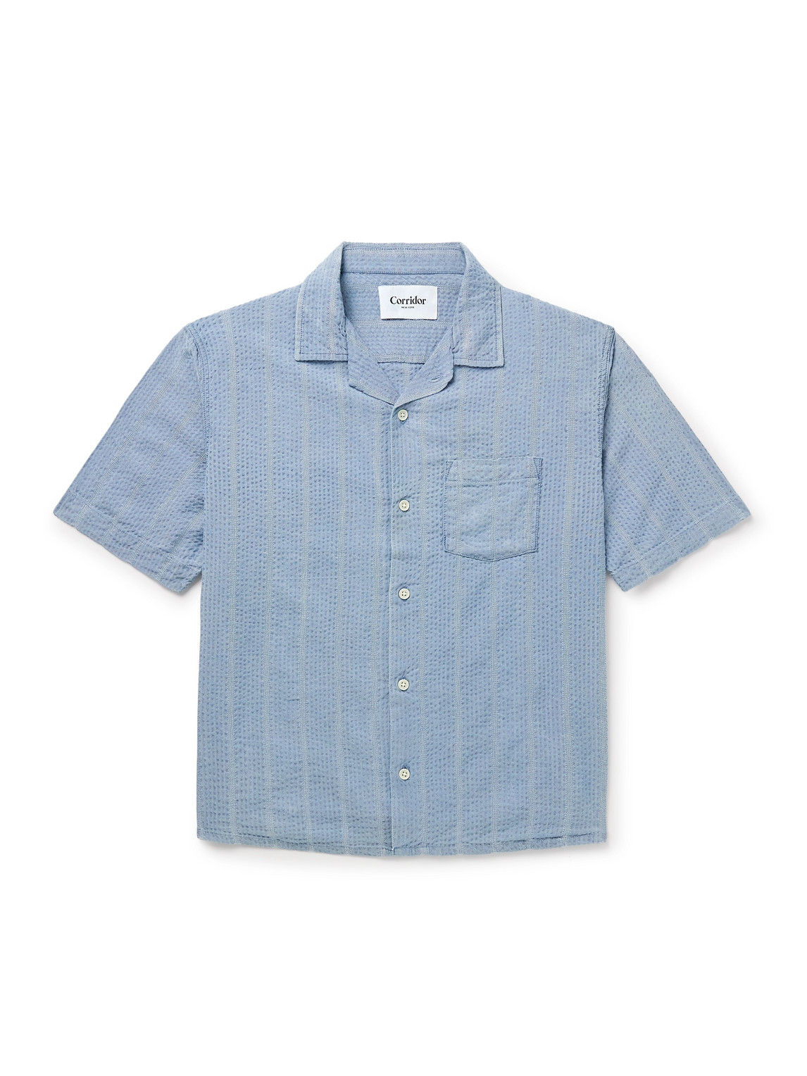 Convertible-Collar Striped Cotton-Seersucker Shirt