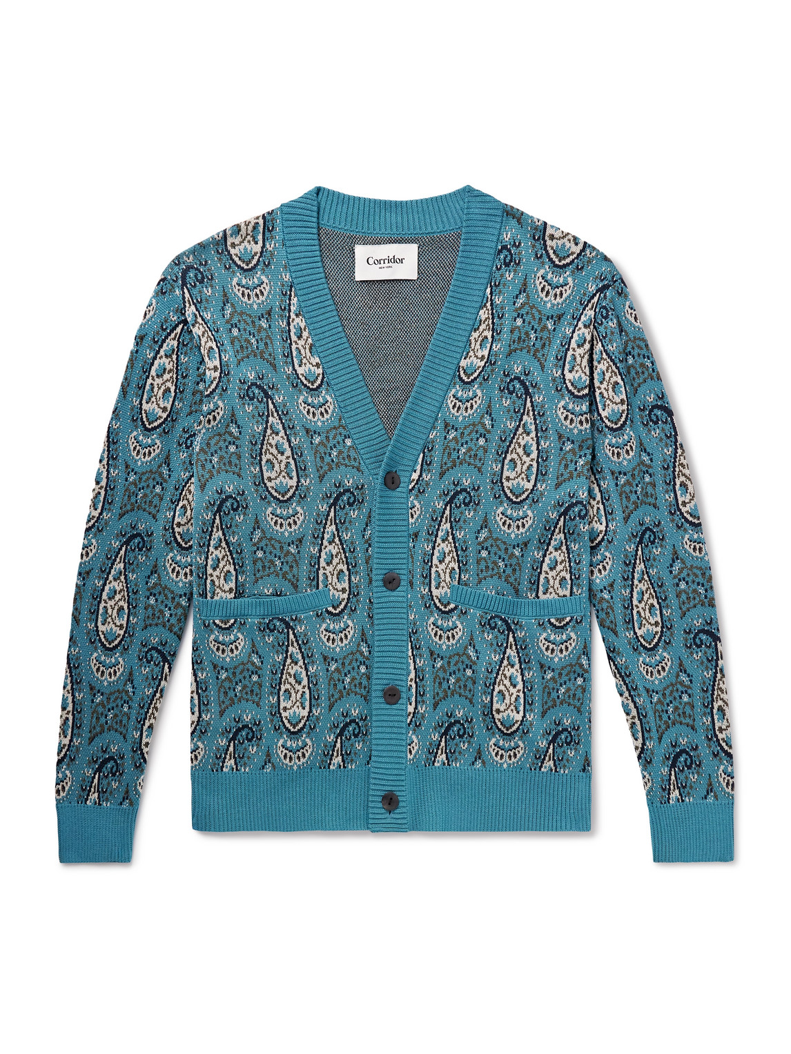 Corridor Kabir Paisley-jacquard Mercerised Pima Cotton Cardigan In Blue