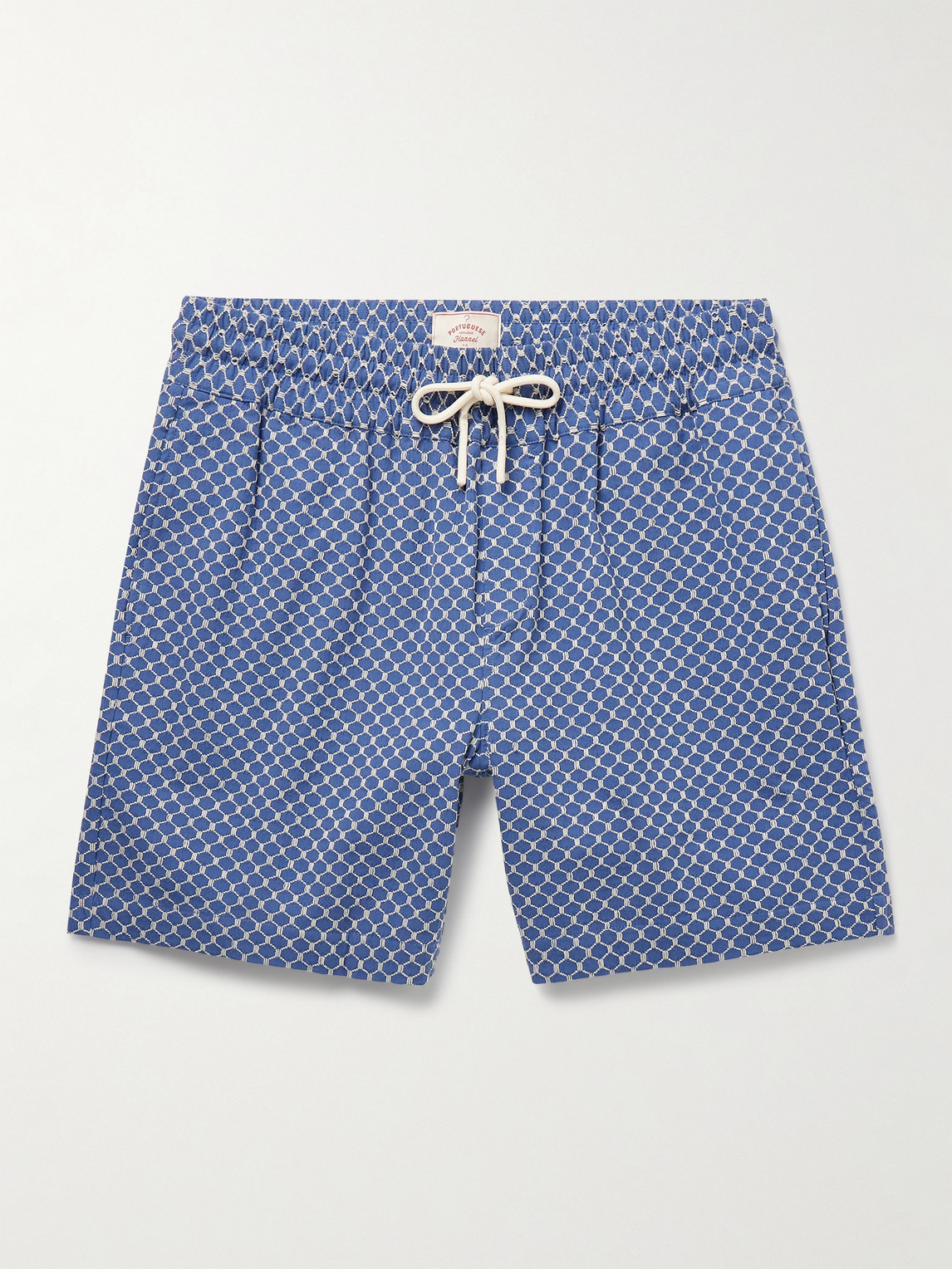 Portuguese Flannel Straight-leg Organic Cotton-blend Jacquard Drawstring Shorts In Blue