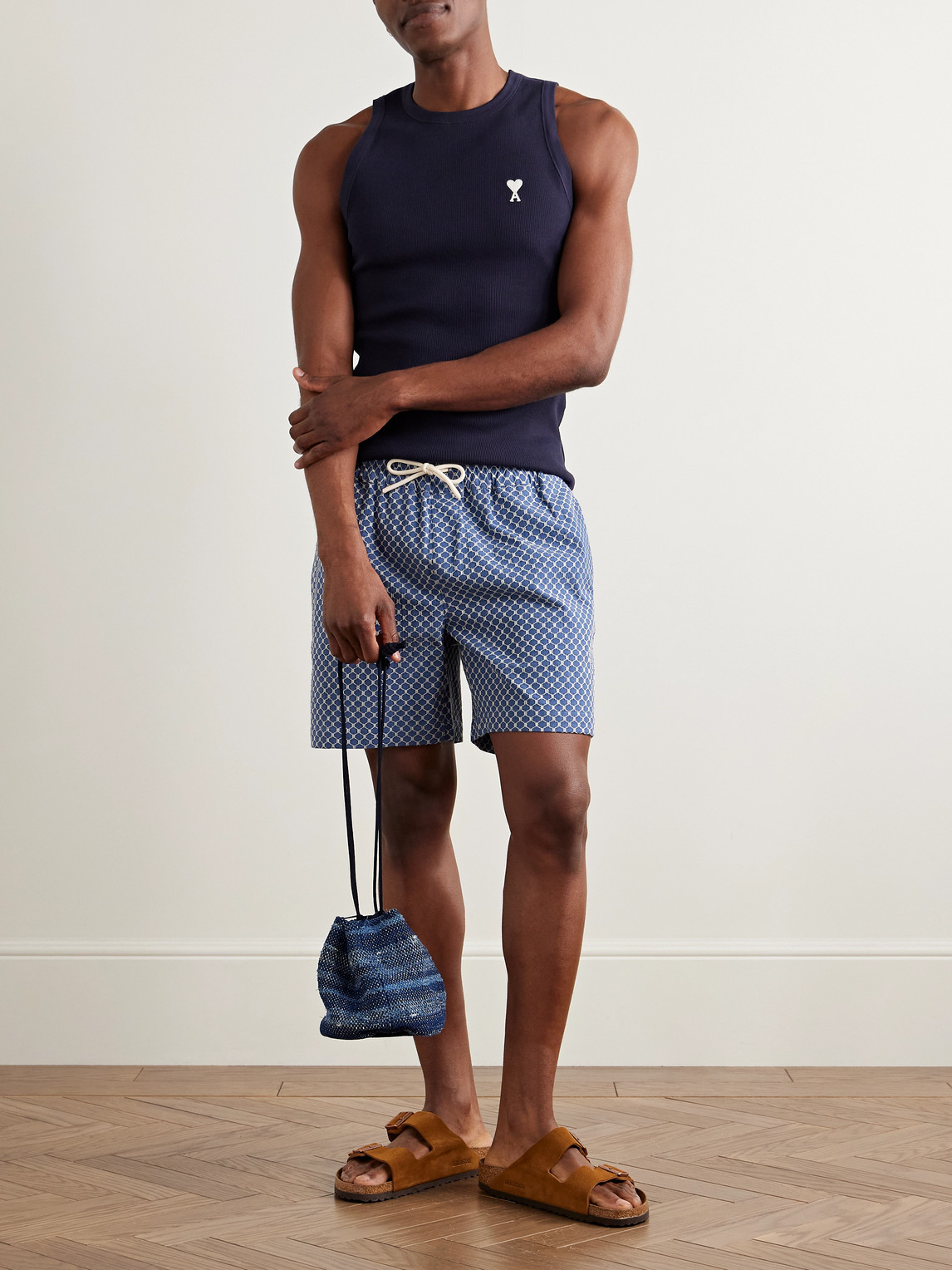 Portuguese Flannel Straight-leg Organic Cotton-blend Jacquard Drawstring Shorts In Blue