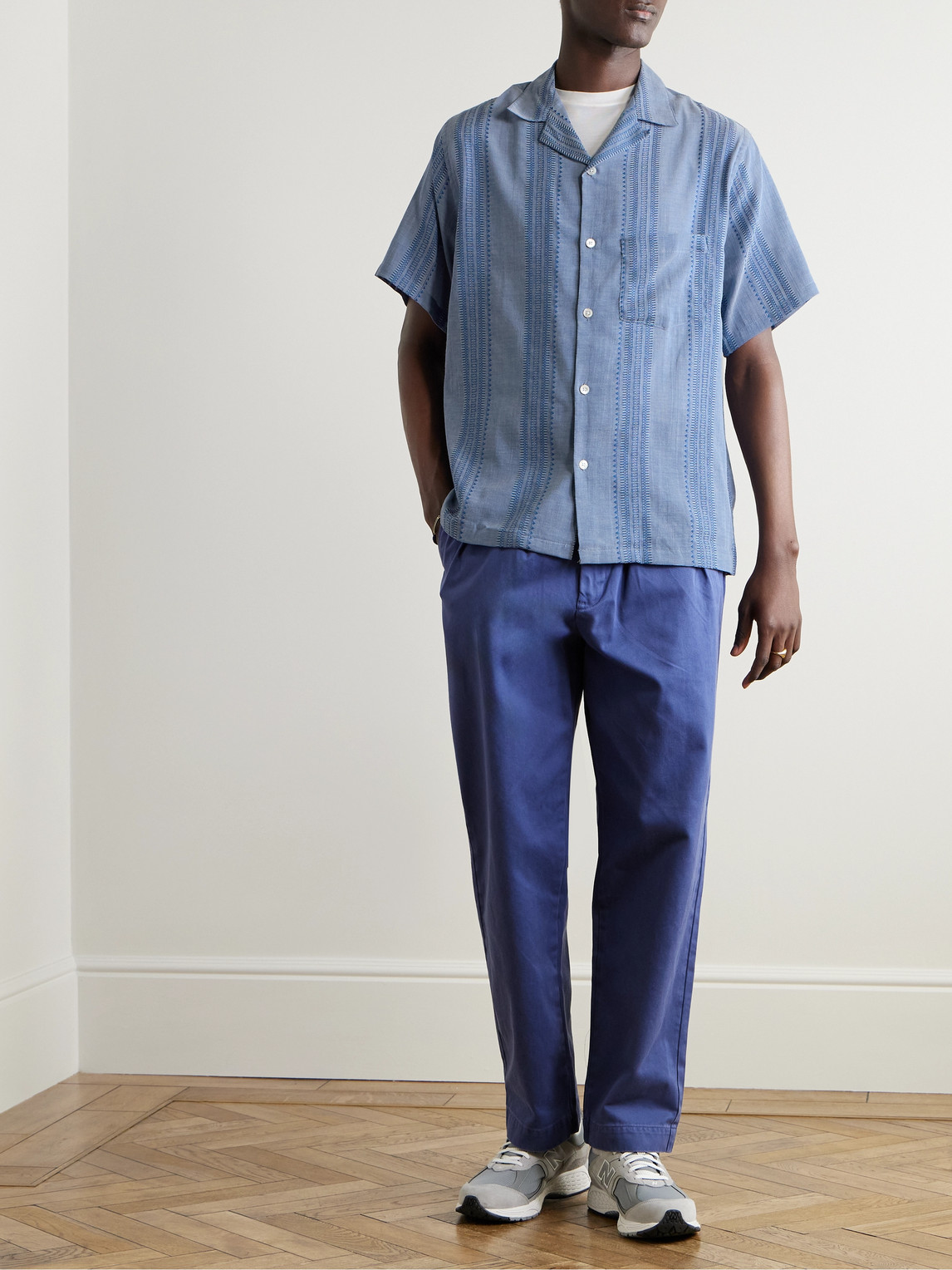PORTUGUESE FLANNEL PACIFIC CONVERTIBLE-COLLAR STRIPED COTTON-JACQUARD SHIRT