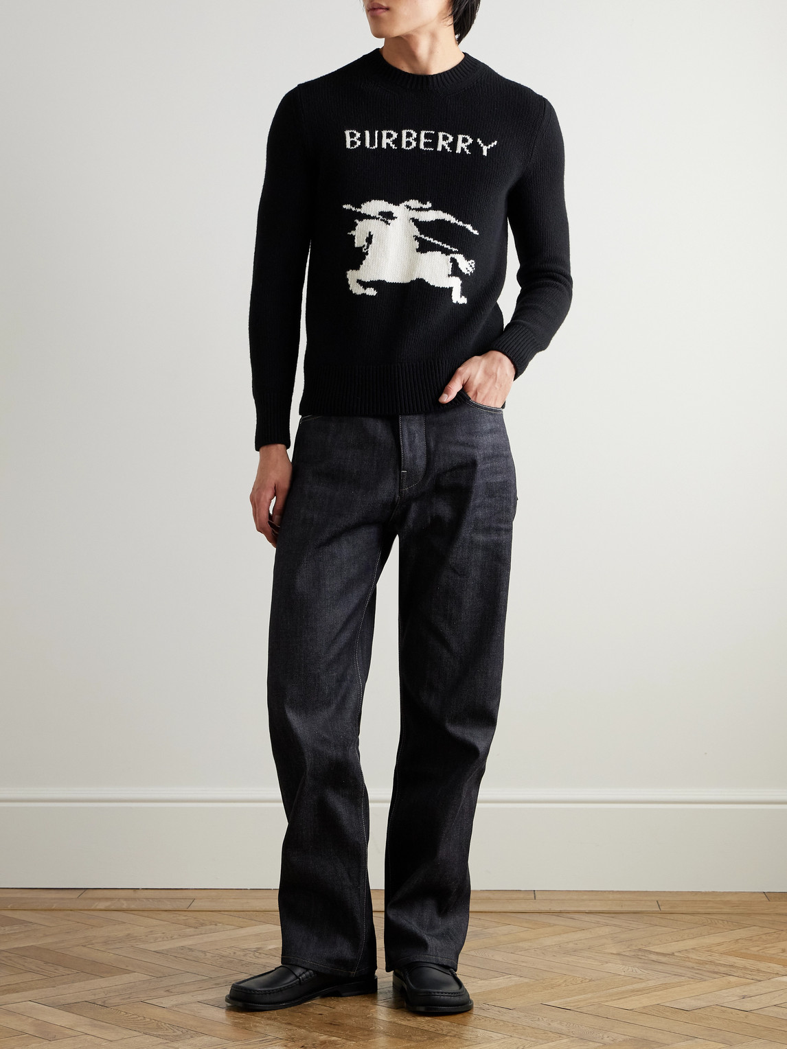 Shop Burberry Logo-jacquard Wool And Cashmere-blend Sweater In Black