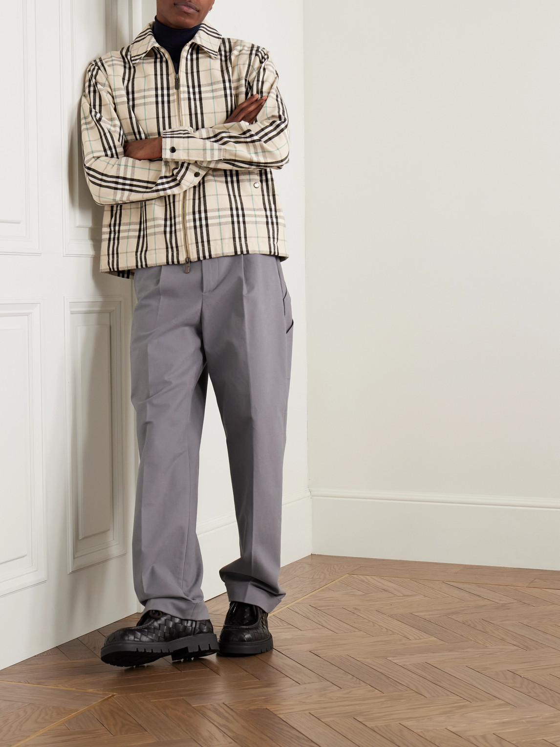 Shop Burberry Checked Cotton-flannel Harrington Jacket In Neutrals