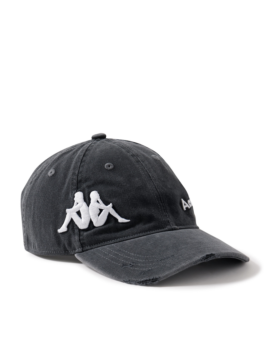 Acne Studios Kappa Logo-embroidered Distressed Cotton-twill Baseball Cap In Black